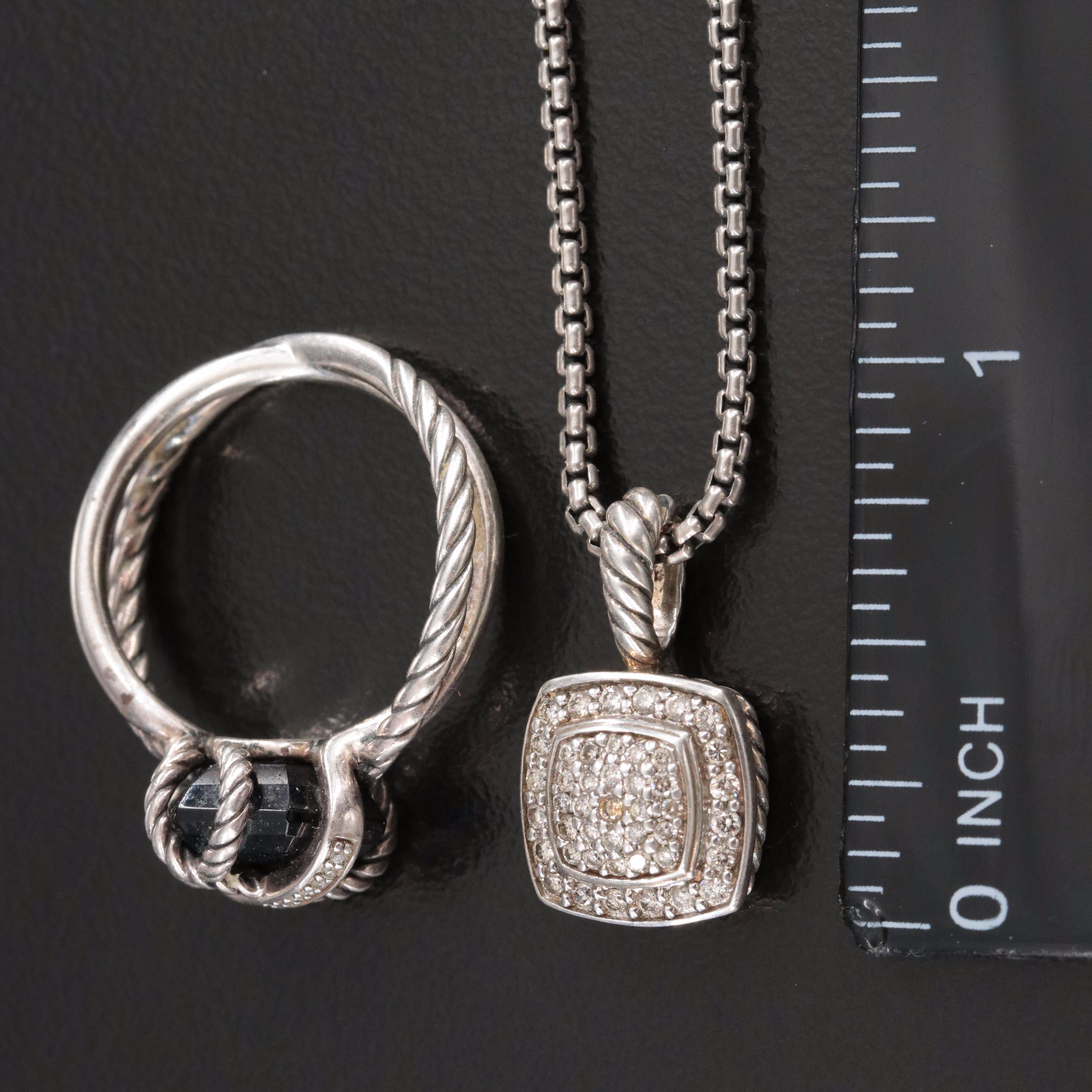 David Yurman Sterling Diamond Pendant Necklace and Black Onyx Cable Wrap Ring