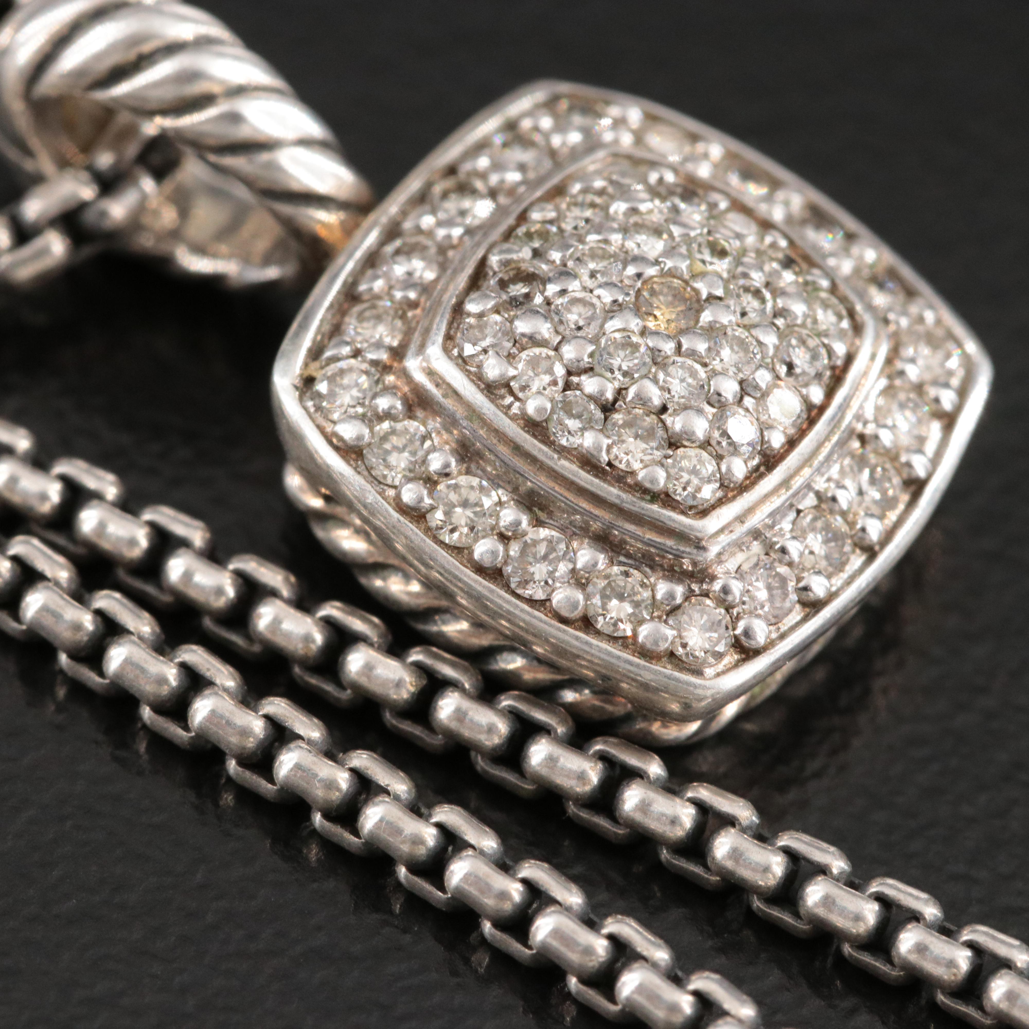 David Yurman Sterling Diamond Pendant Necklace and Black Onyx Cable Wrap Ring