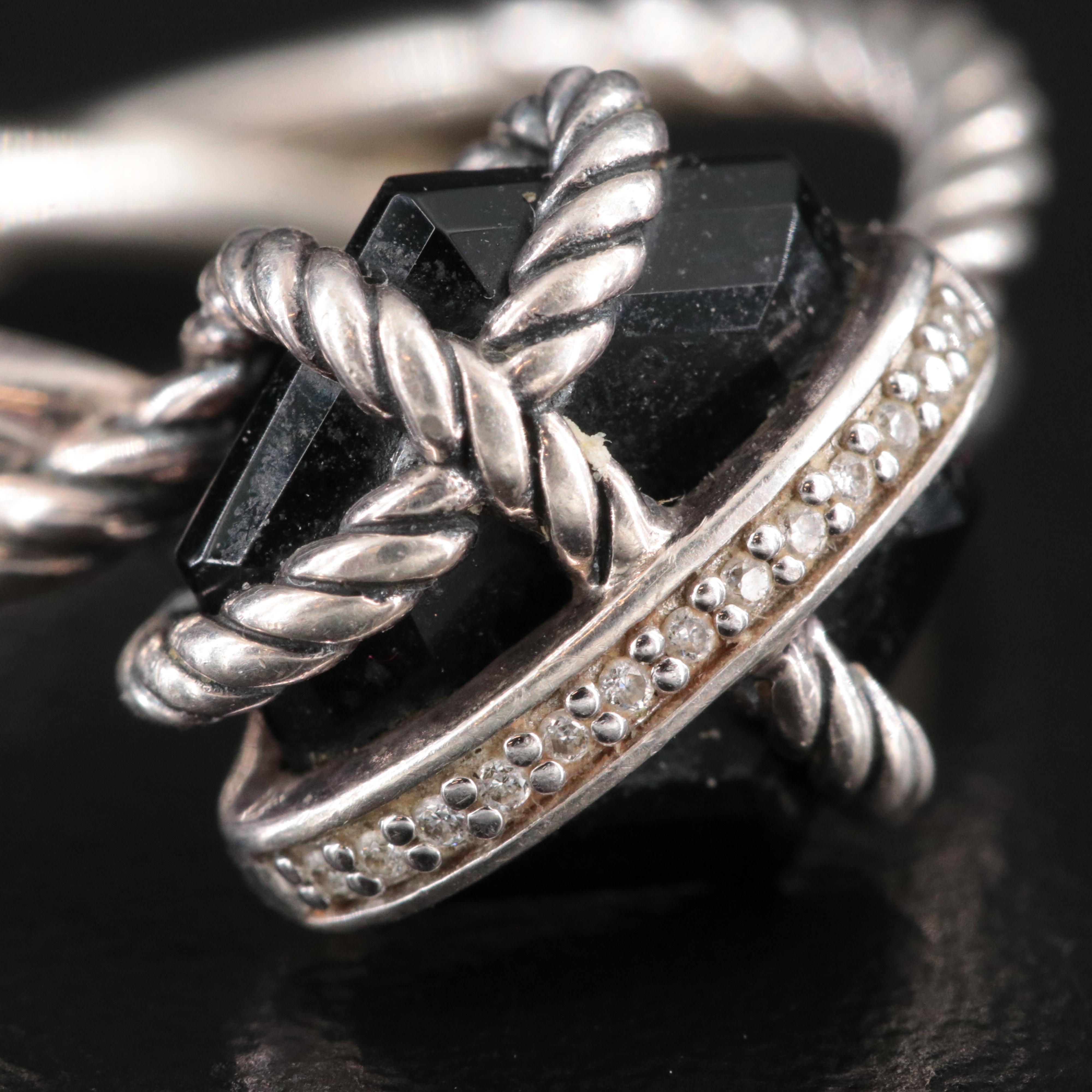 David Yurman Sterling Diamond Pendant Necklace and Black Onyx Cable Wrap Ring