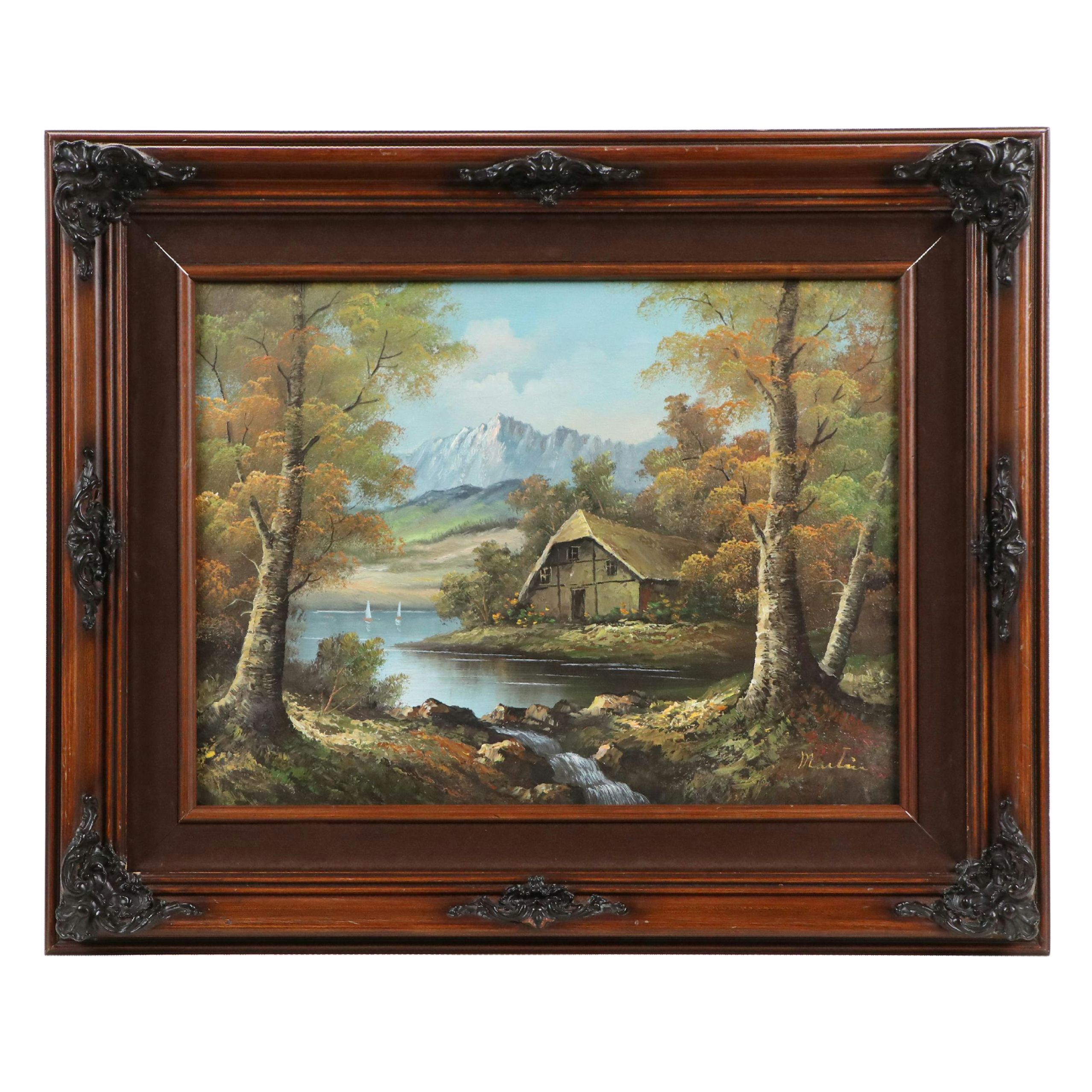 Mountainous Lake Landscape Oil Painting, Circa 1980