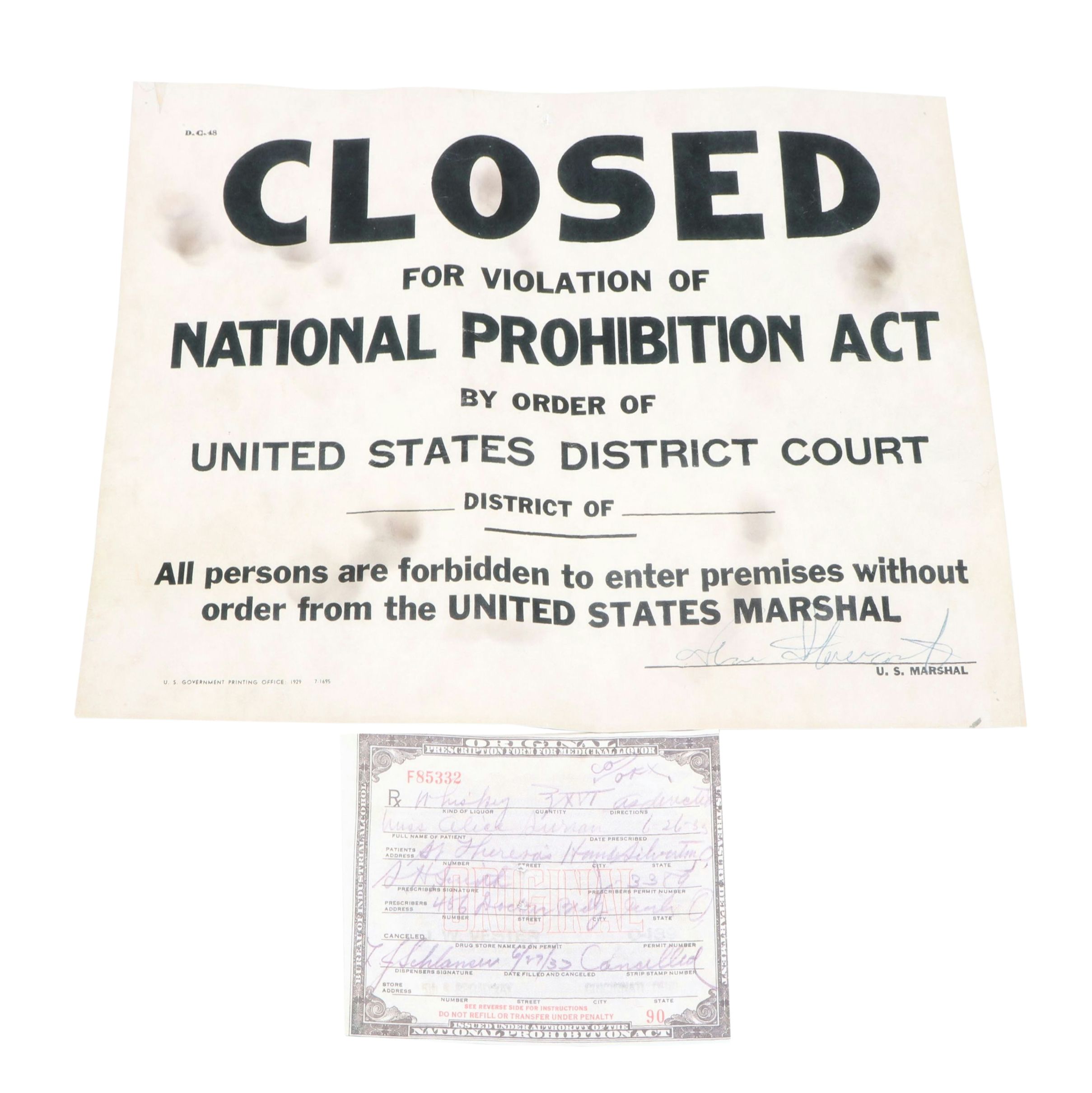 Prohibition Style Whisky Prescription Form with Reproduction Sign