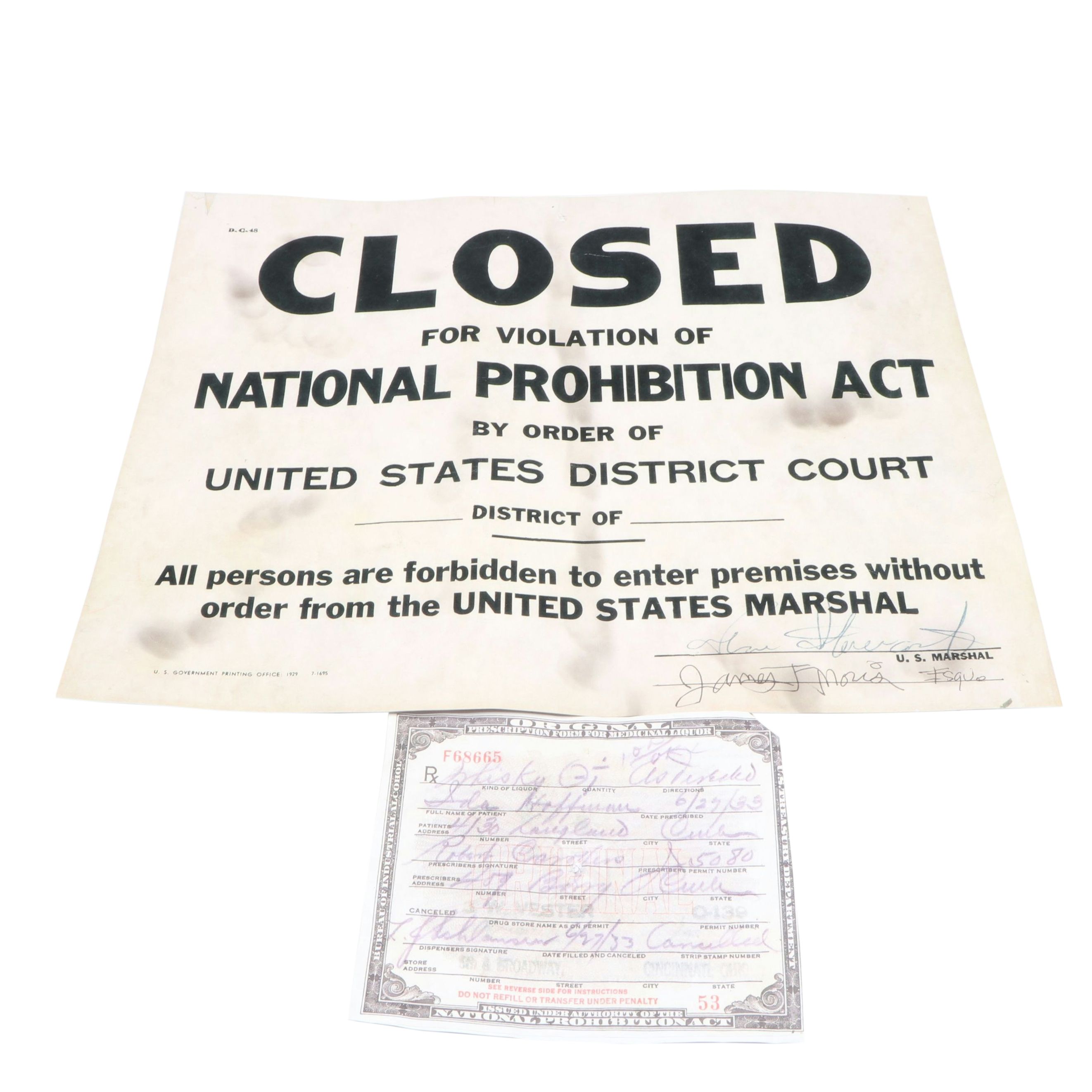 Prohibition Style Whisky Prescription Form with Reproduction Sign