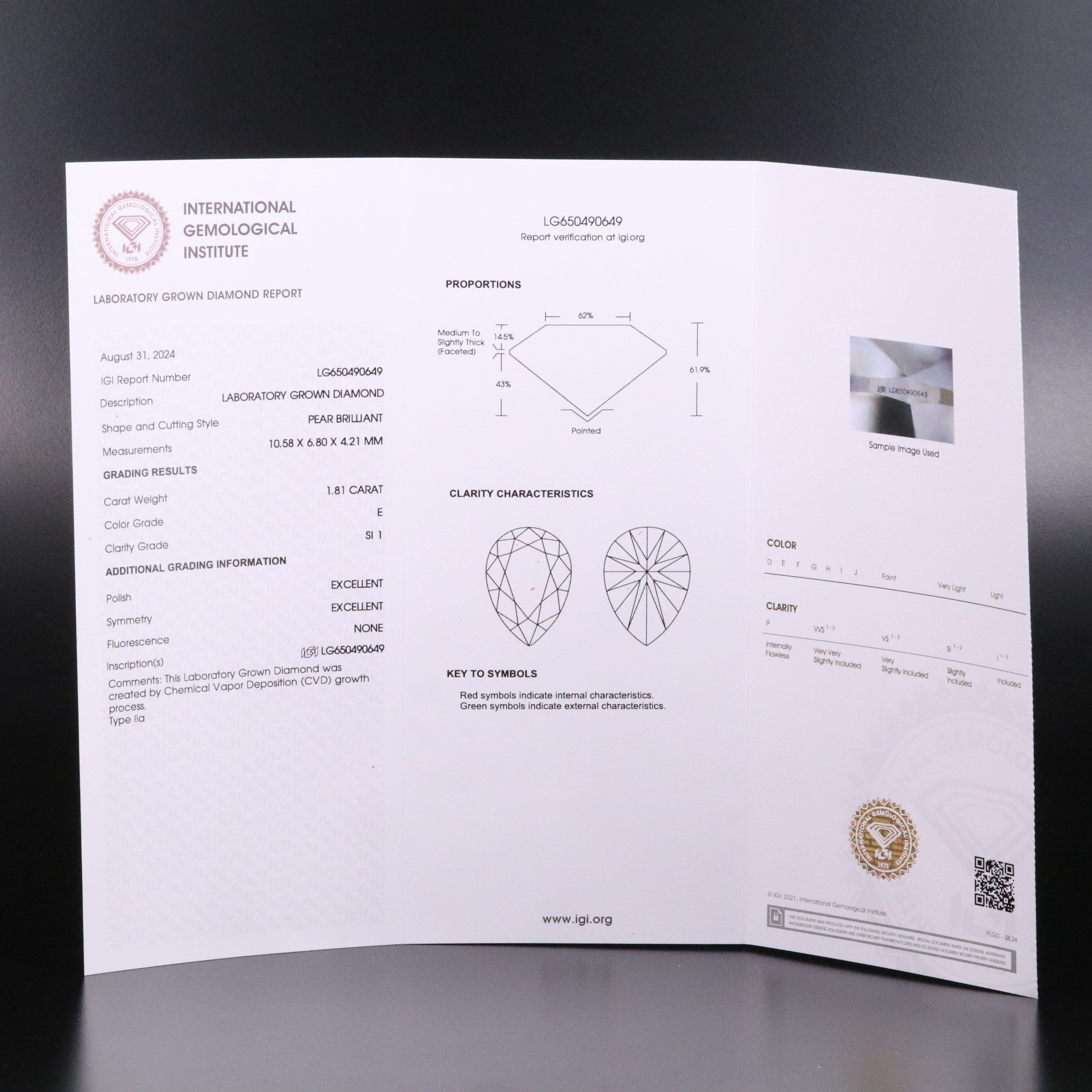 Loose 1.81 CT Lab Grown Diamond with IGI Reporto