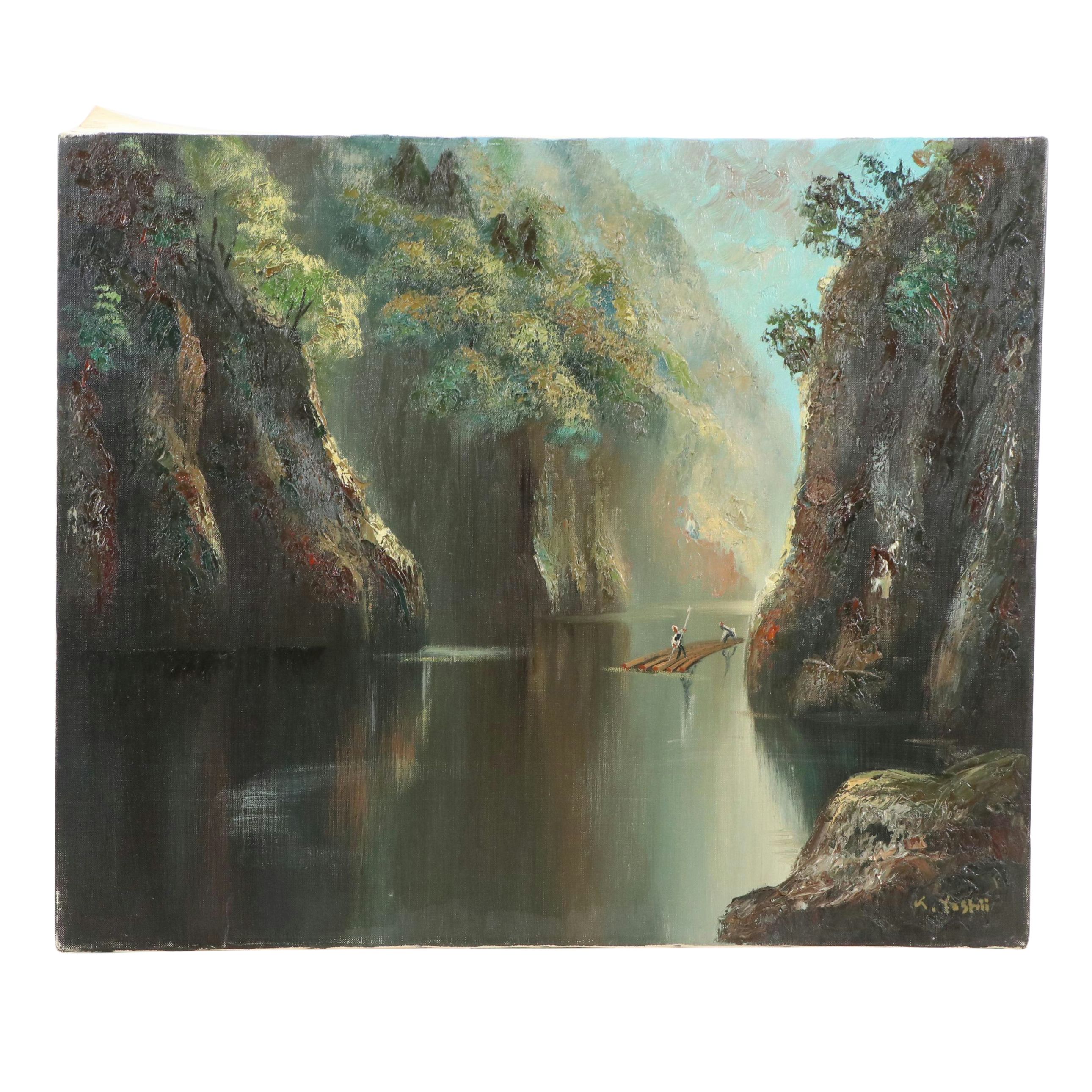 K. Yoshii Impasto Oil Painting of River Landscape