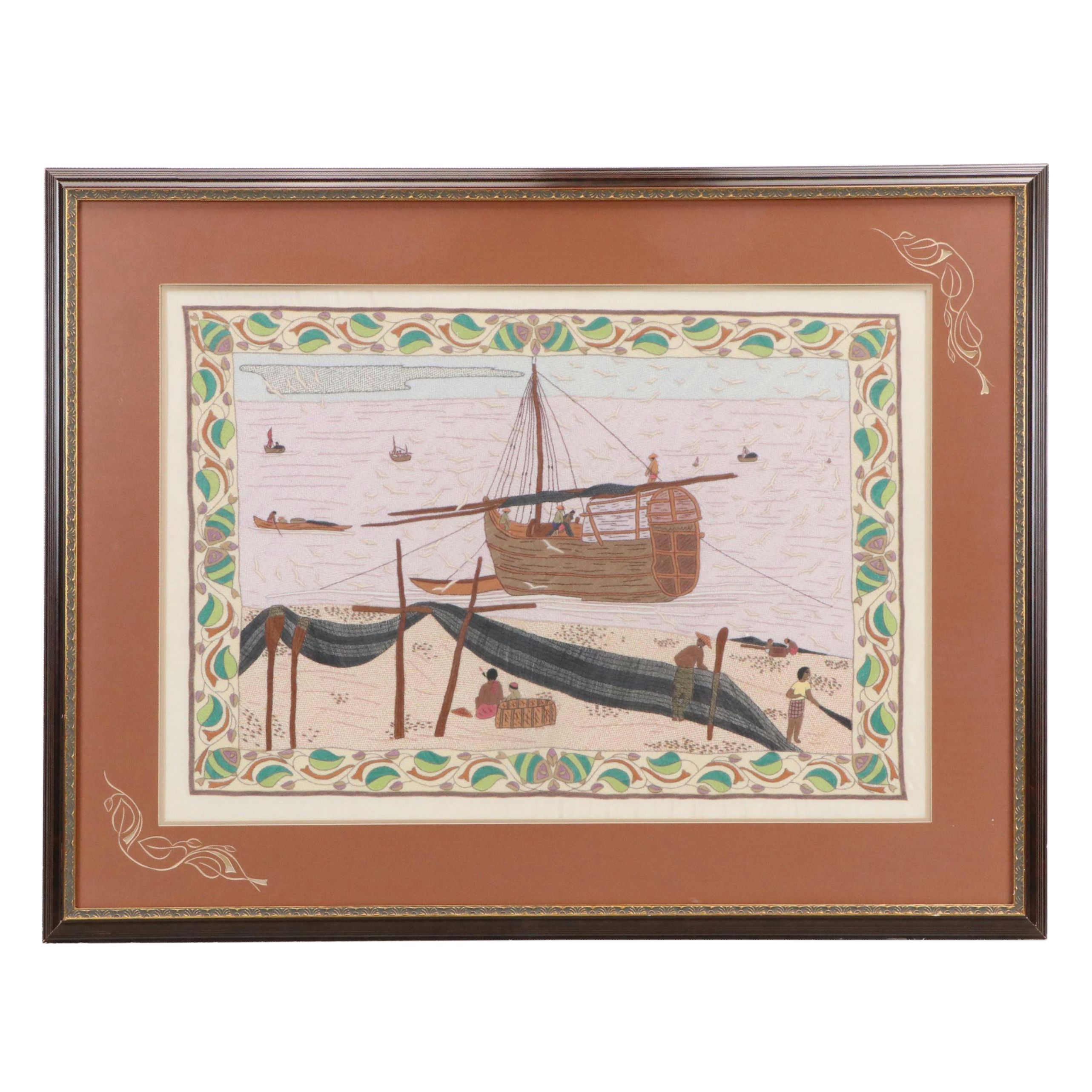 Embroidered Panel Depicting Nautical Scene With Fishermen
