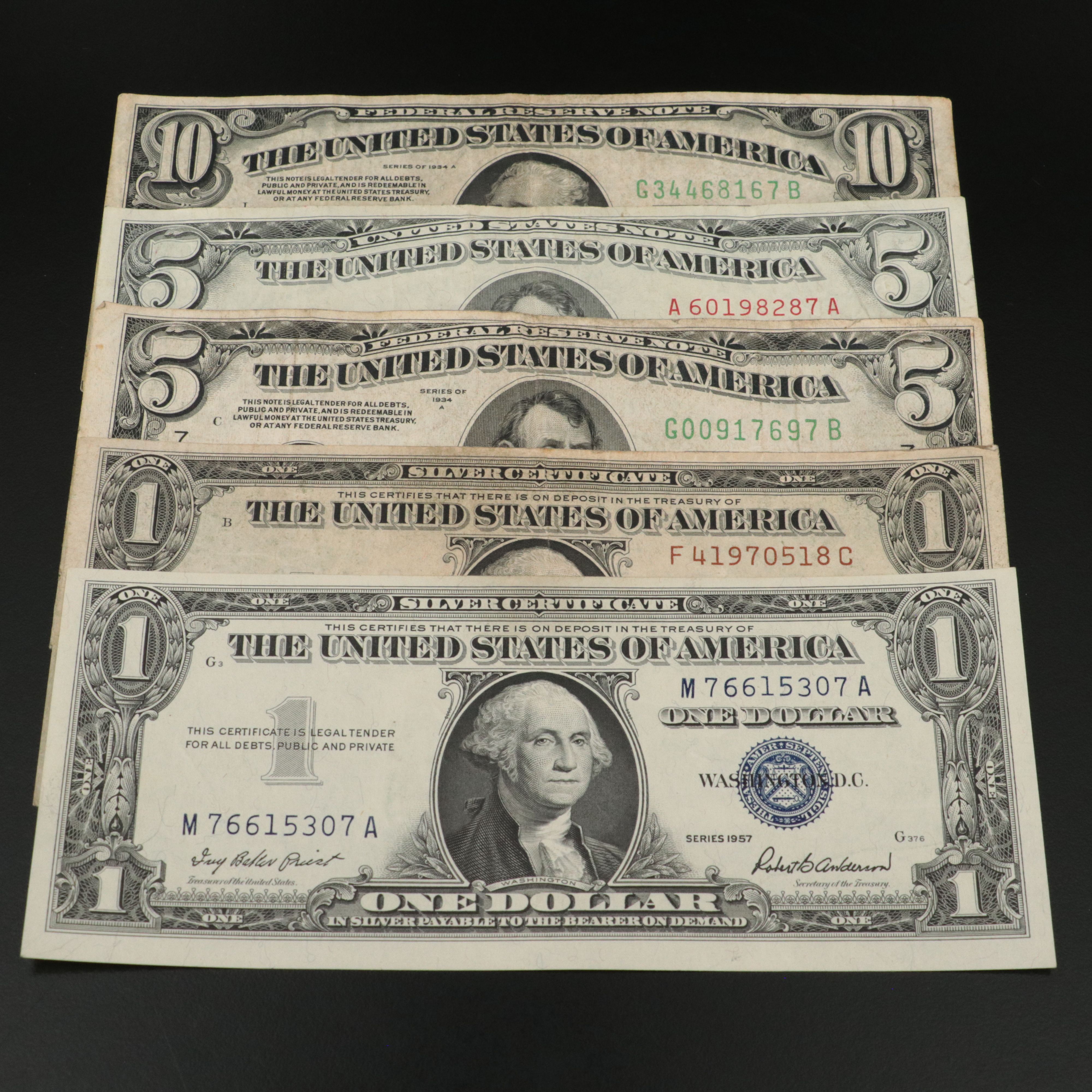 Five Different U.S. Currency Notes