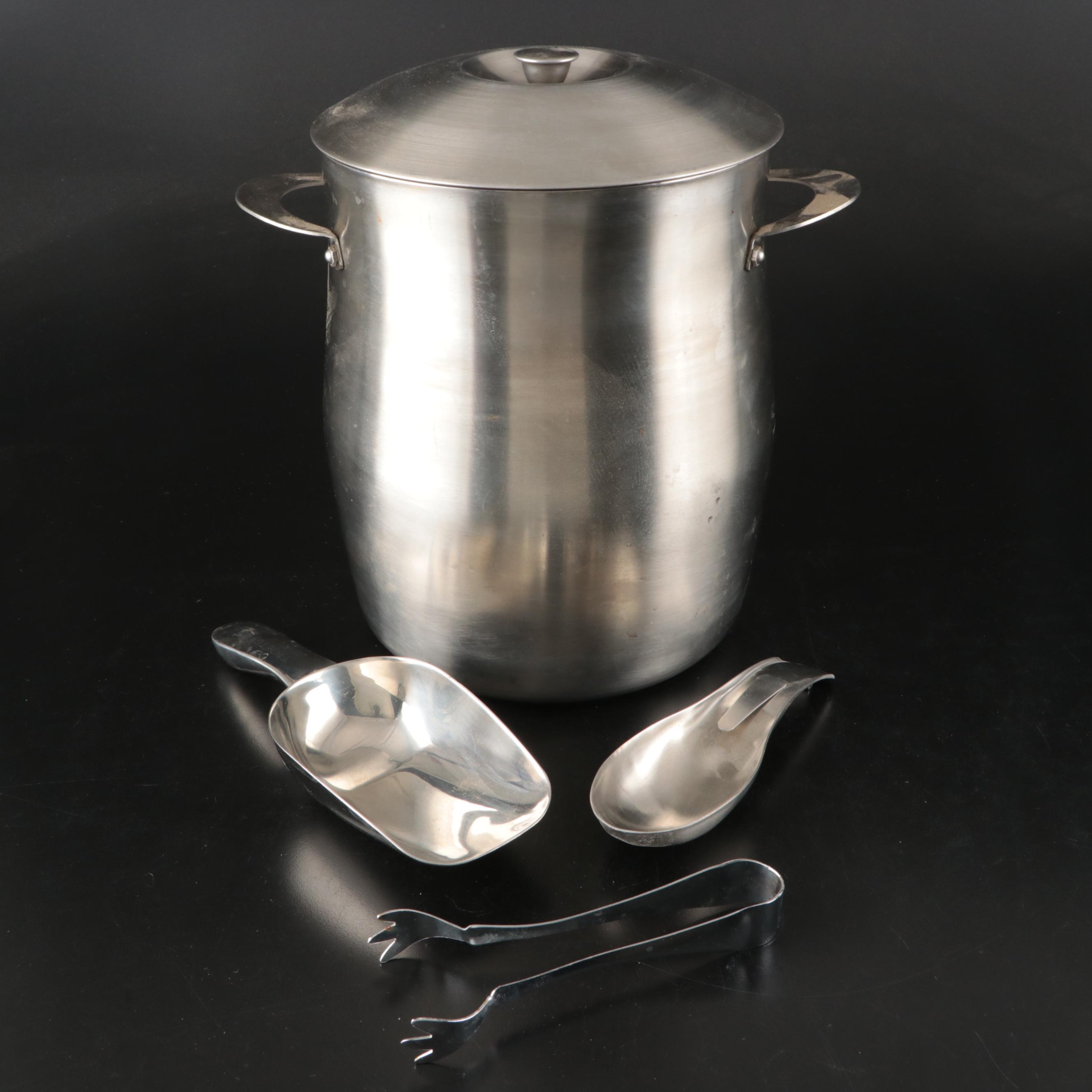 Contemporary Stainless Steel Ice Bucket with Ice Scoops and Tongs