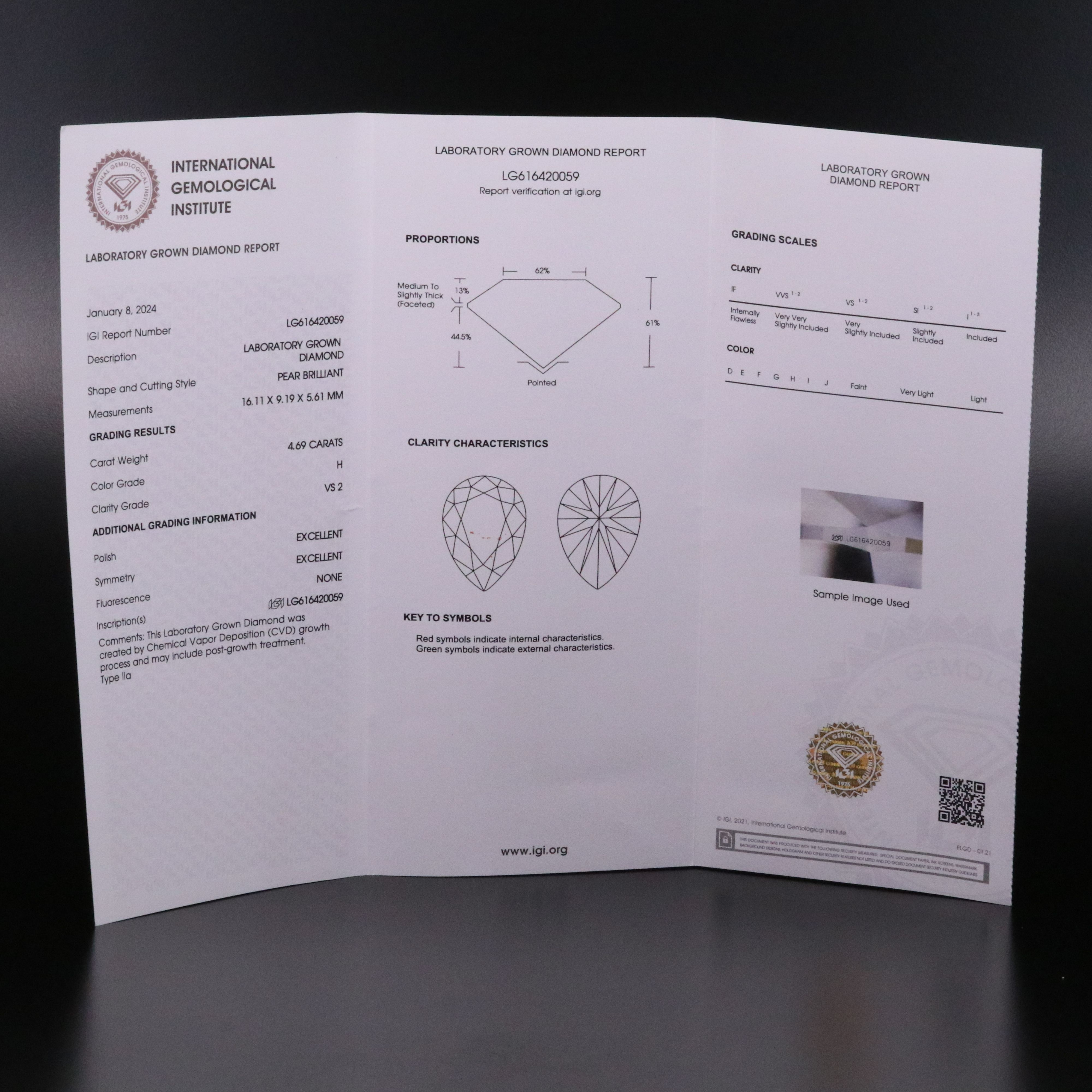 Loose 4.69 CT Lab Grown Diamond with IGI Report