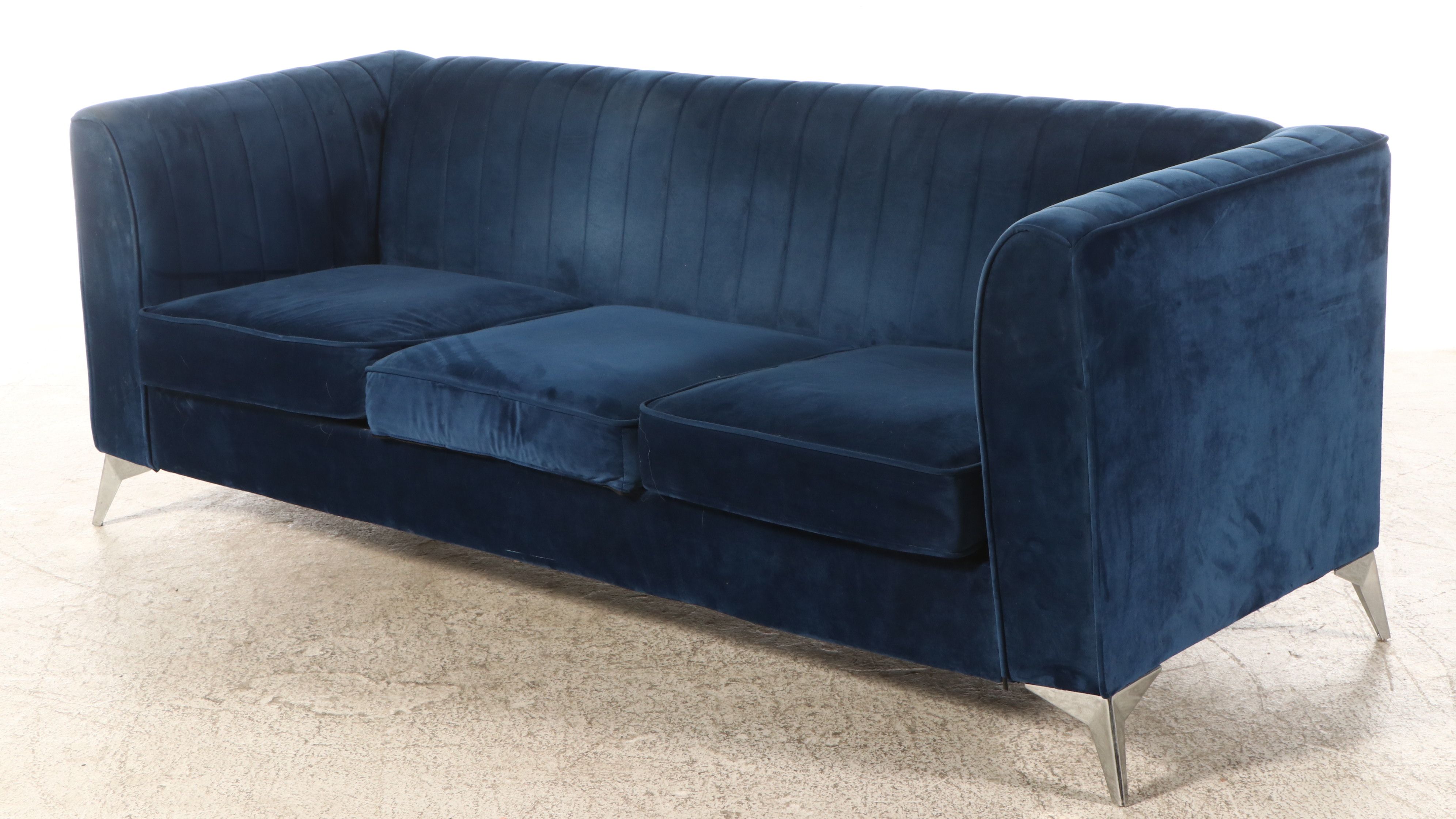 Modernist Style Channel Tufted Blue Velvet Upholstered Sofa