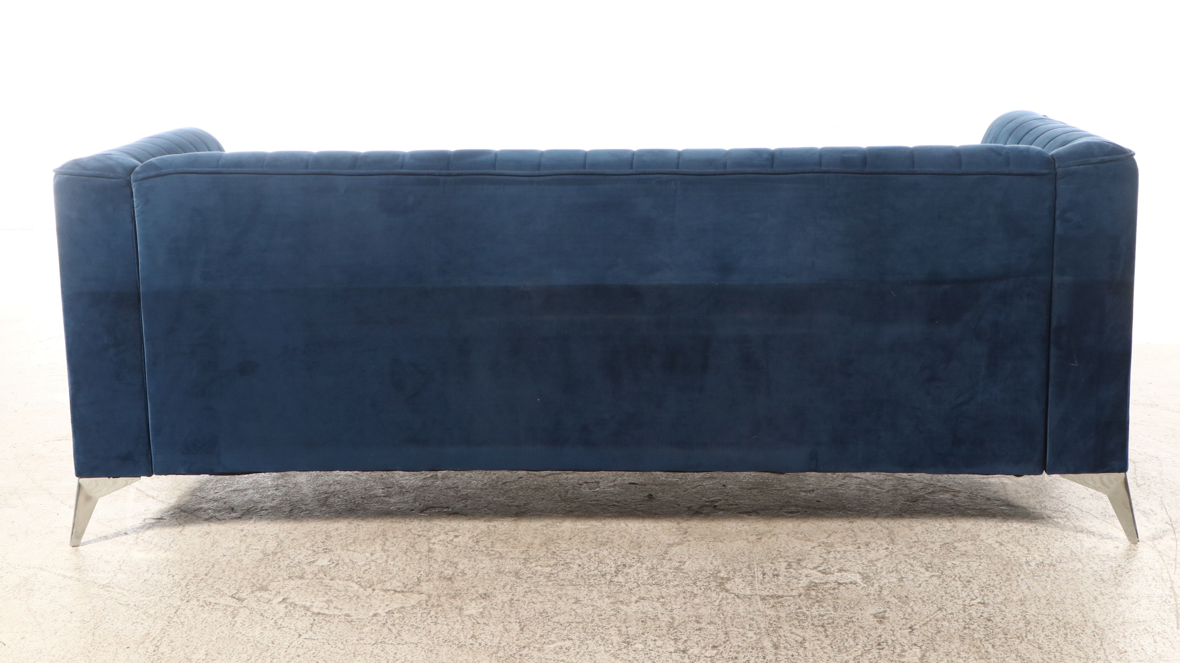 Modernist Style Channel Tufted Blue Velvet Upholstered Sofa