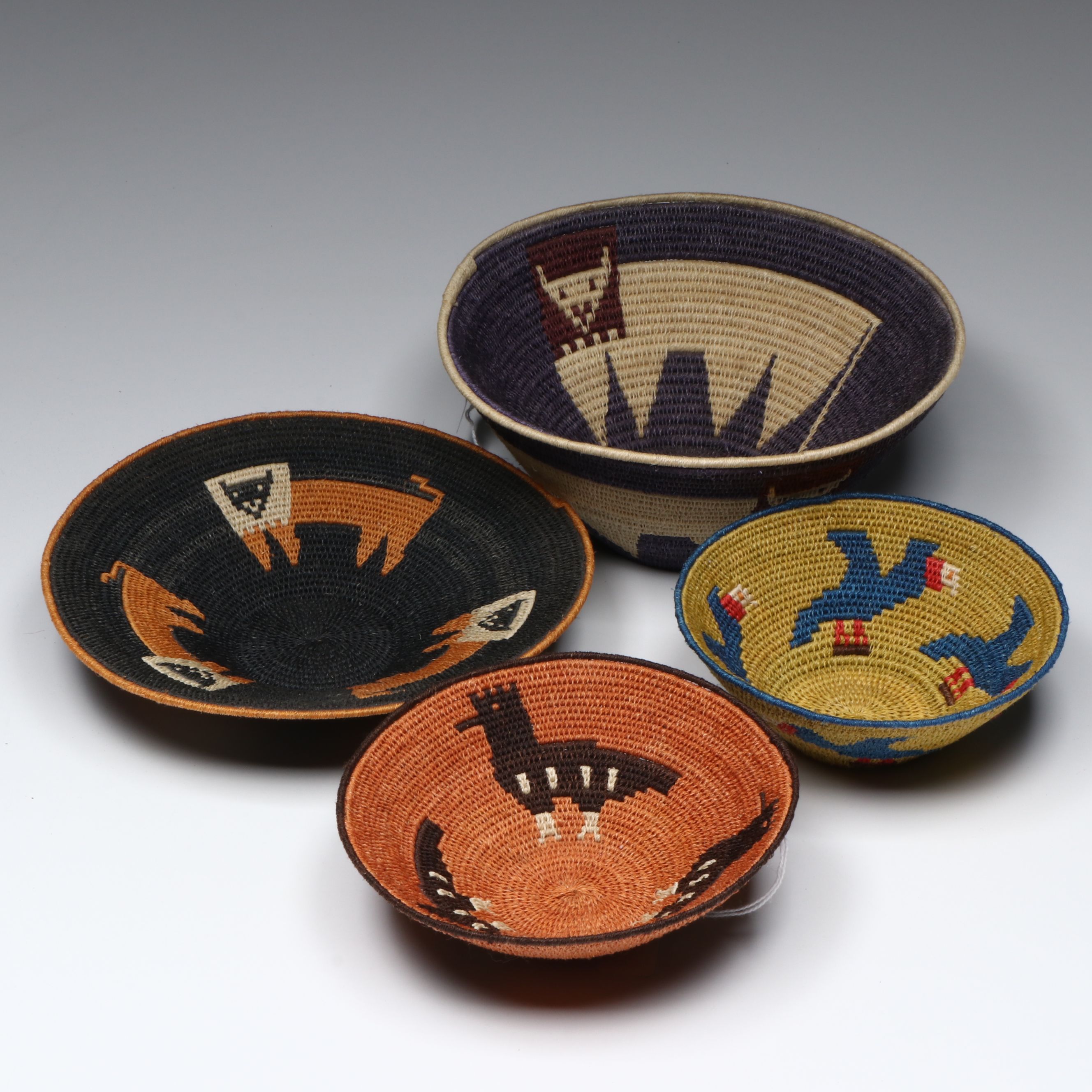 African Eswatini Woven Sisal Fiber Basketry Bowls Depicting Birds and Animals