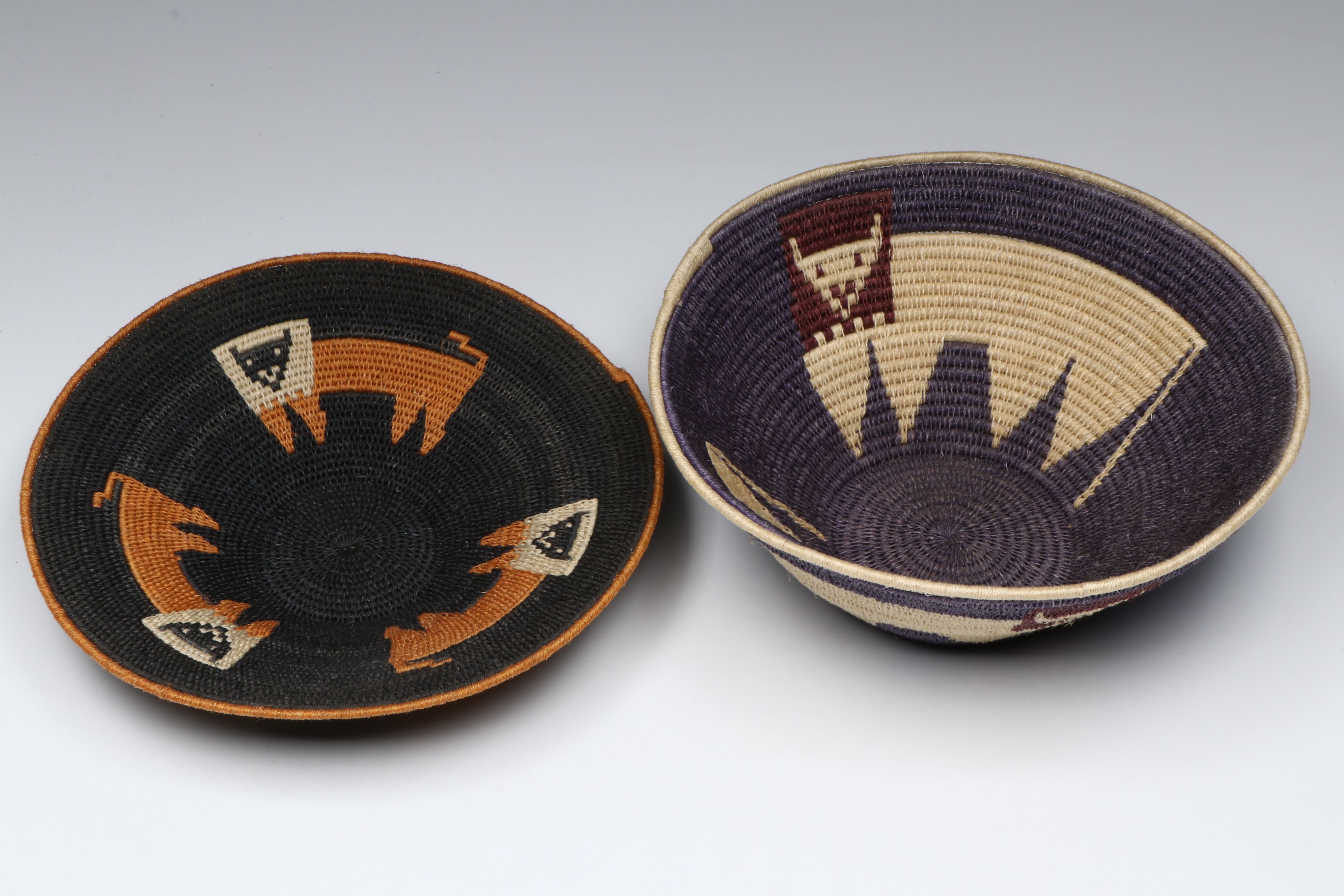 African Eswatini Woven Sisal Fiber Basketry Bowls Depicting Birds and Animals