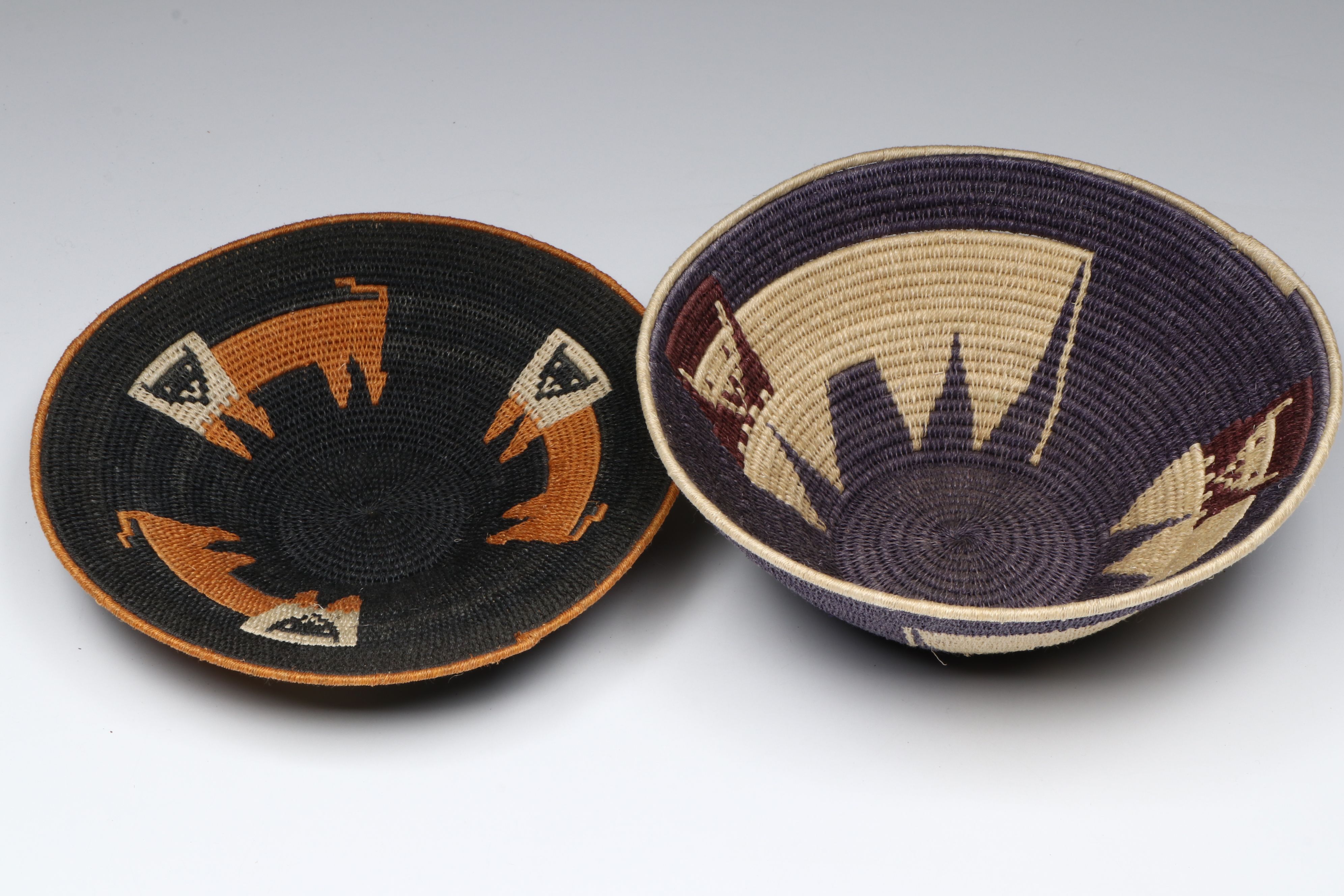 African Eswatini Woven Sisal Fiber Basketry Bowls Depicting Birds and Animals