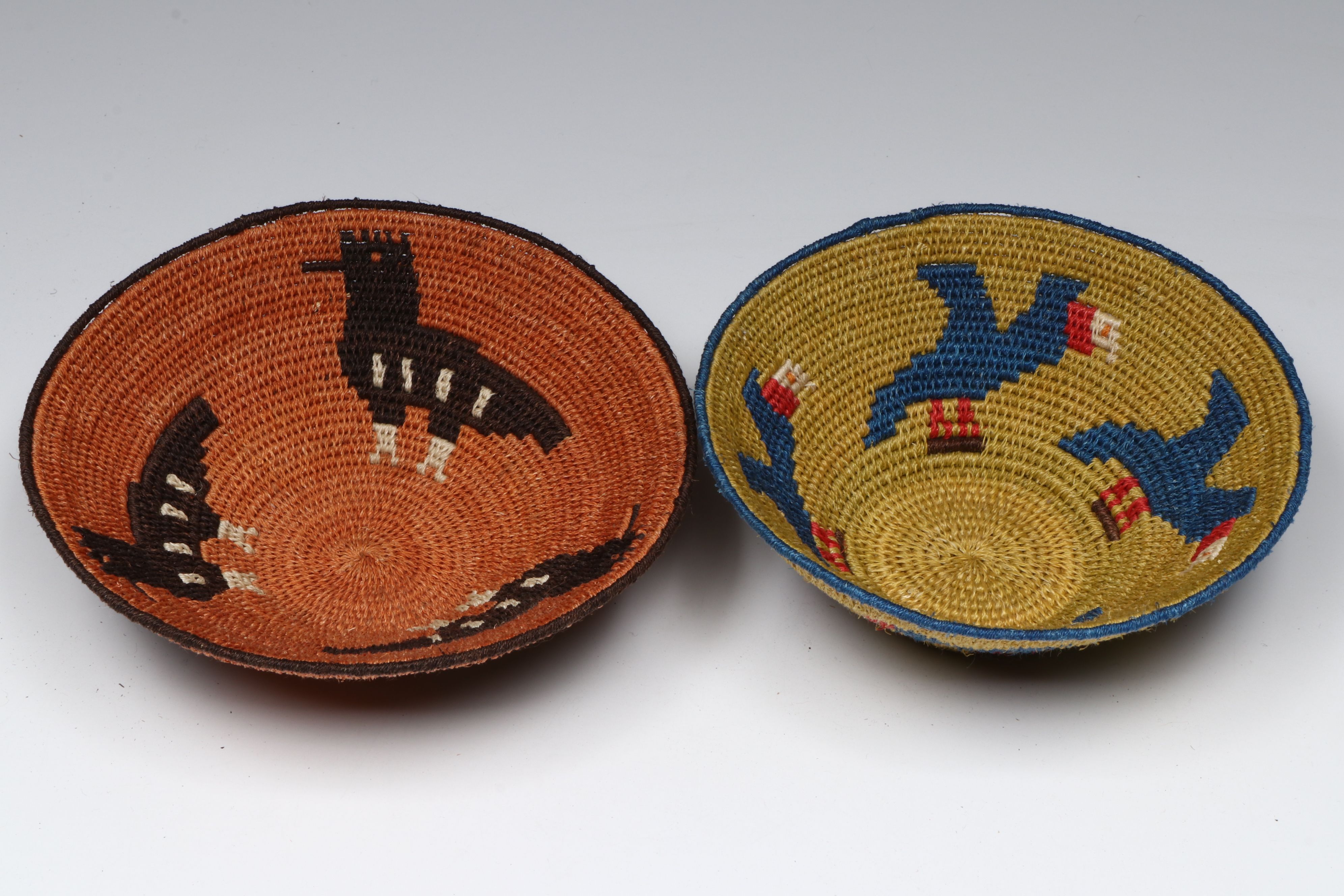 African Eswatini Woven Sisal Fiber Basketry Bowls Depicting Birds and Animals