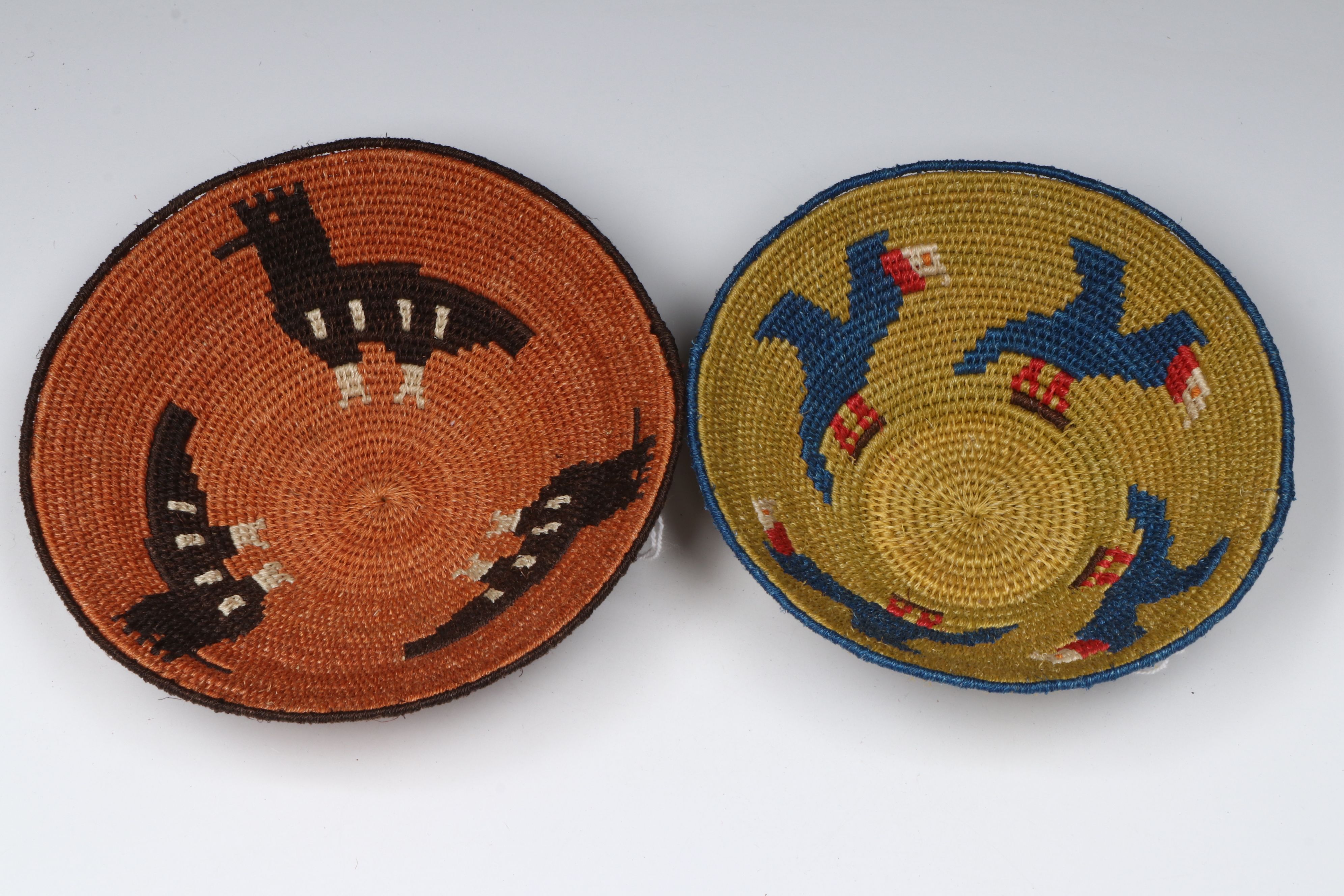 African Eswatini Woven Sisal Fiber Basketry Bowls Depicting Birds and Animals