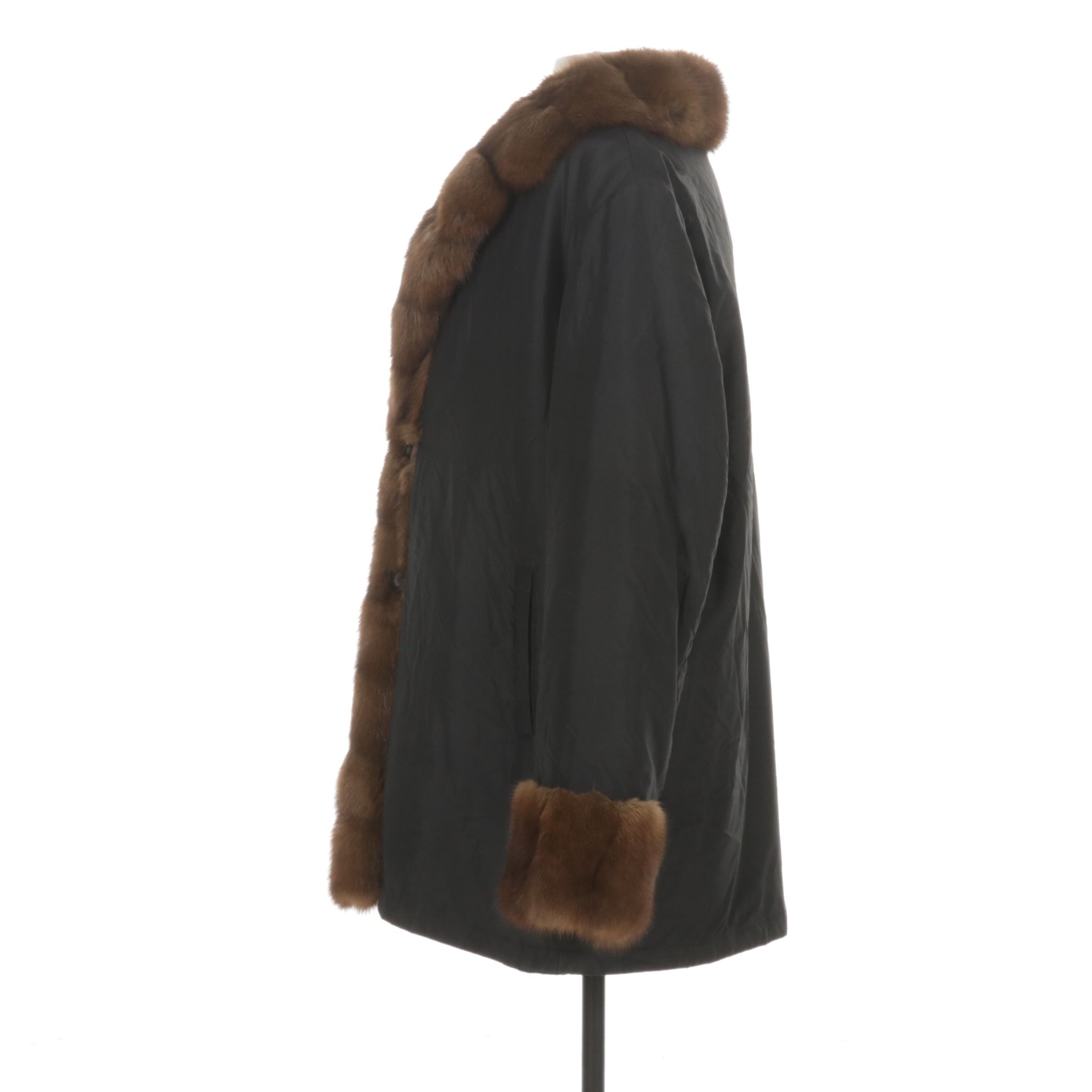 Russian Sable Fur Trimmed Reversible Storm Coat in Black/Brown