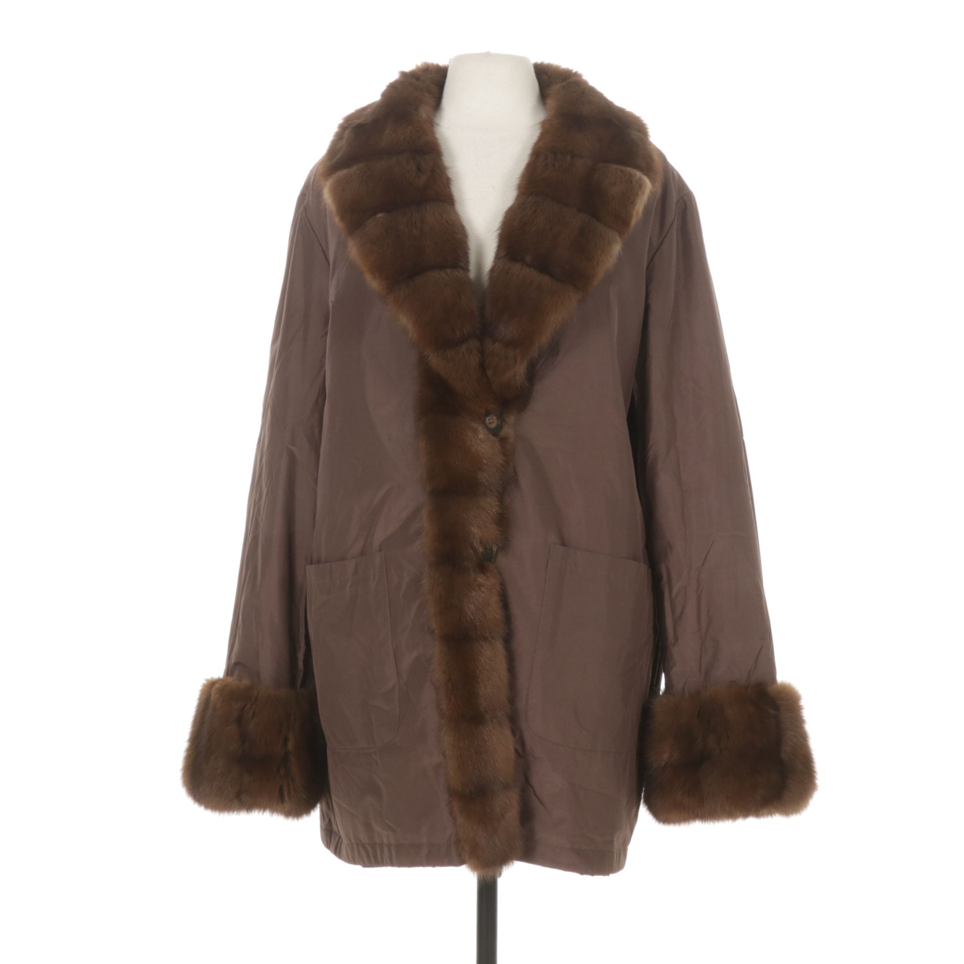 Russian Sable Fur Trimmed Reversible Storm Coat in Black/Brown