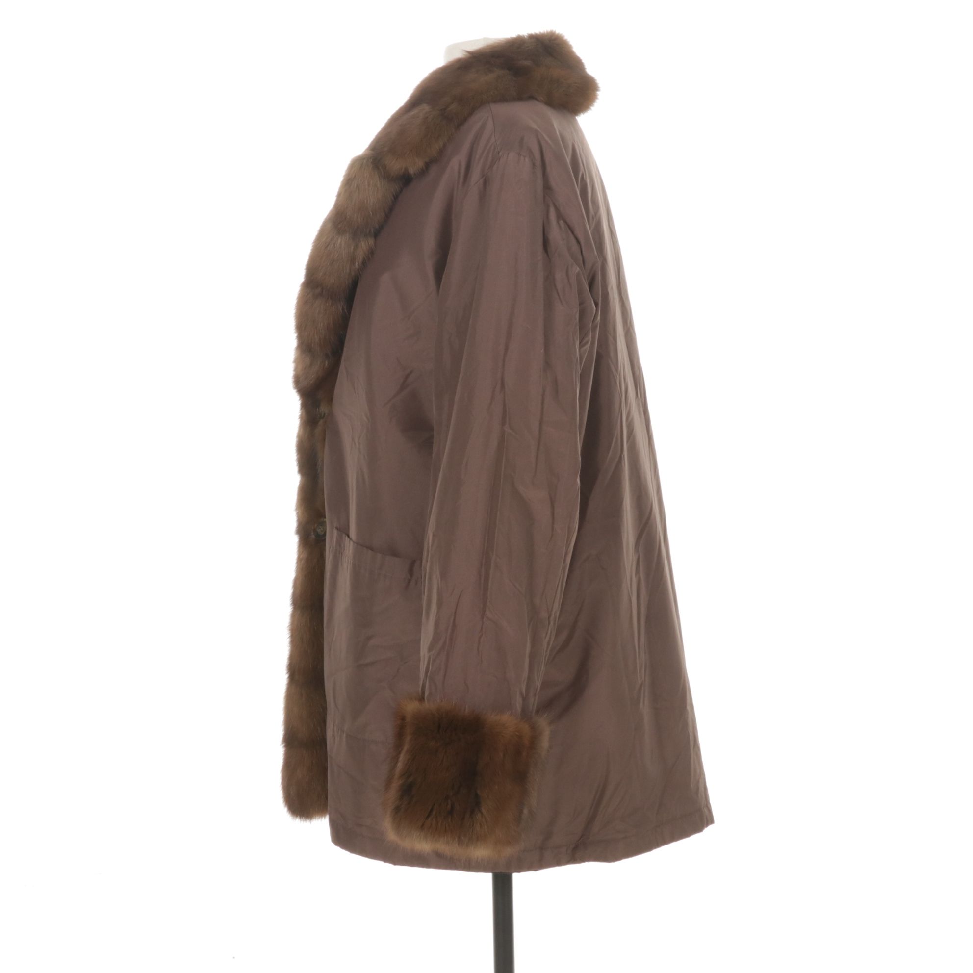 Russian Sable Fur Trimmed Reversible Storm Coat in Black/Brown