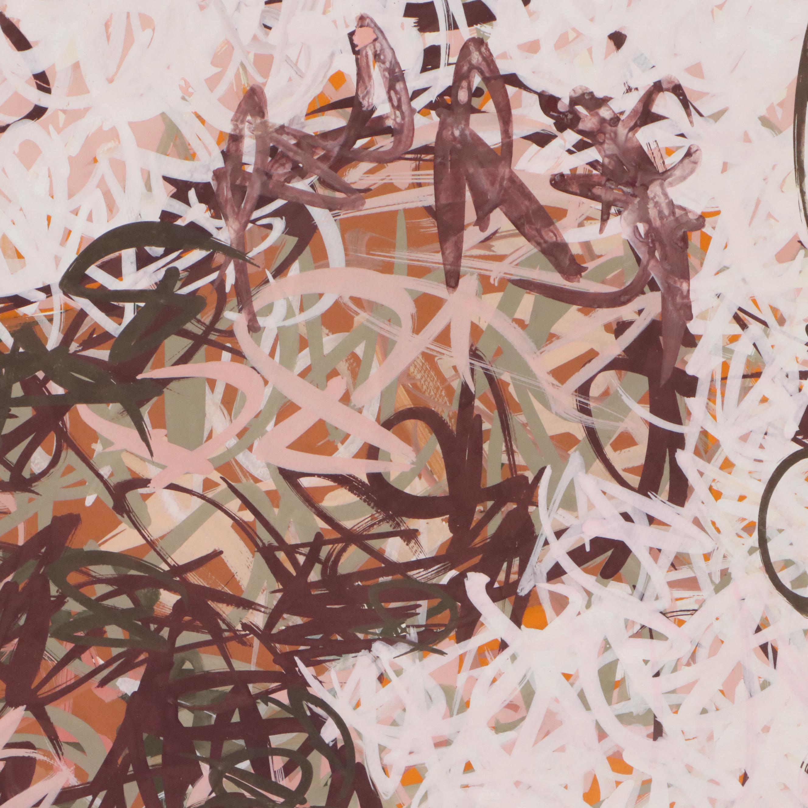 Walter Stomps Jr. Figural Gouache Painting with Layered Marks, 20th Century