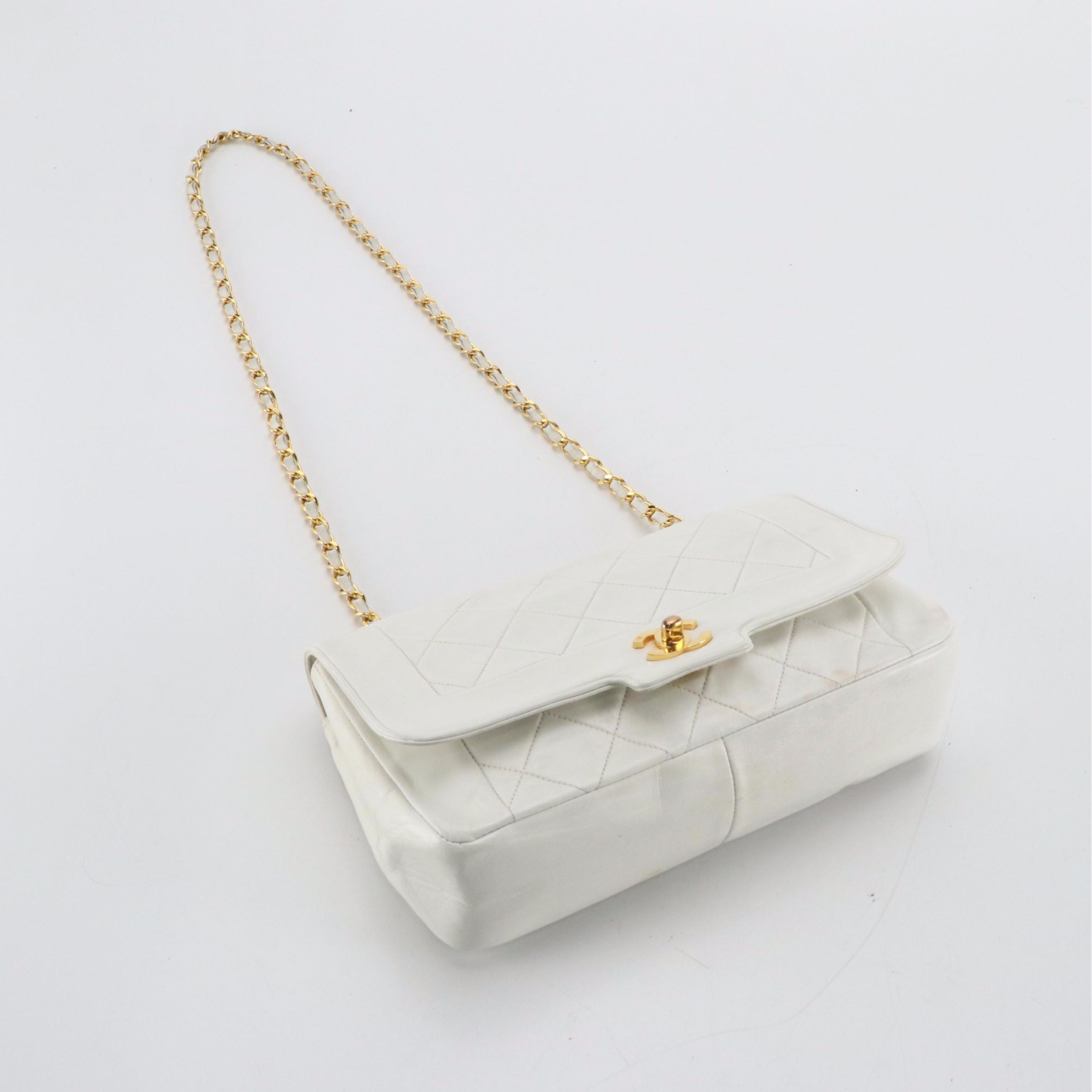Chanel Single Flap Medium Shoulder Bag in White Quilted Lambskin Leather