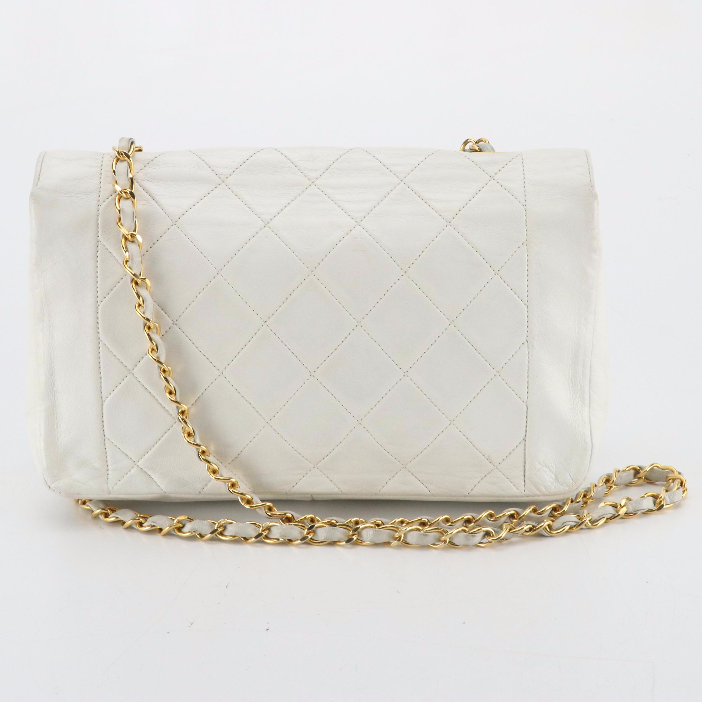 Chanel Single Flap Medium Shoulder Bag in White Quilted Lambskin Leather