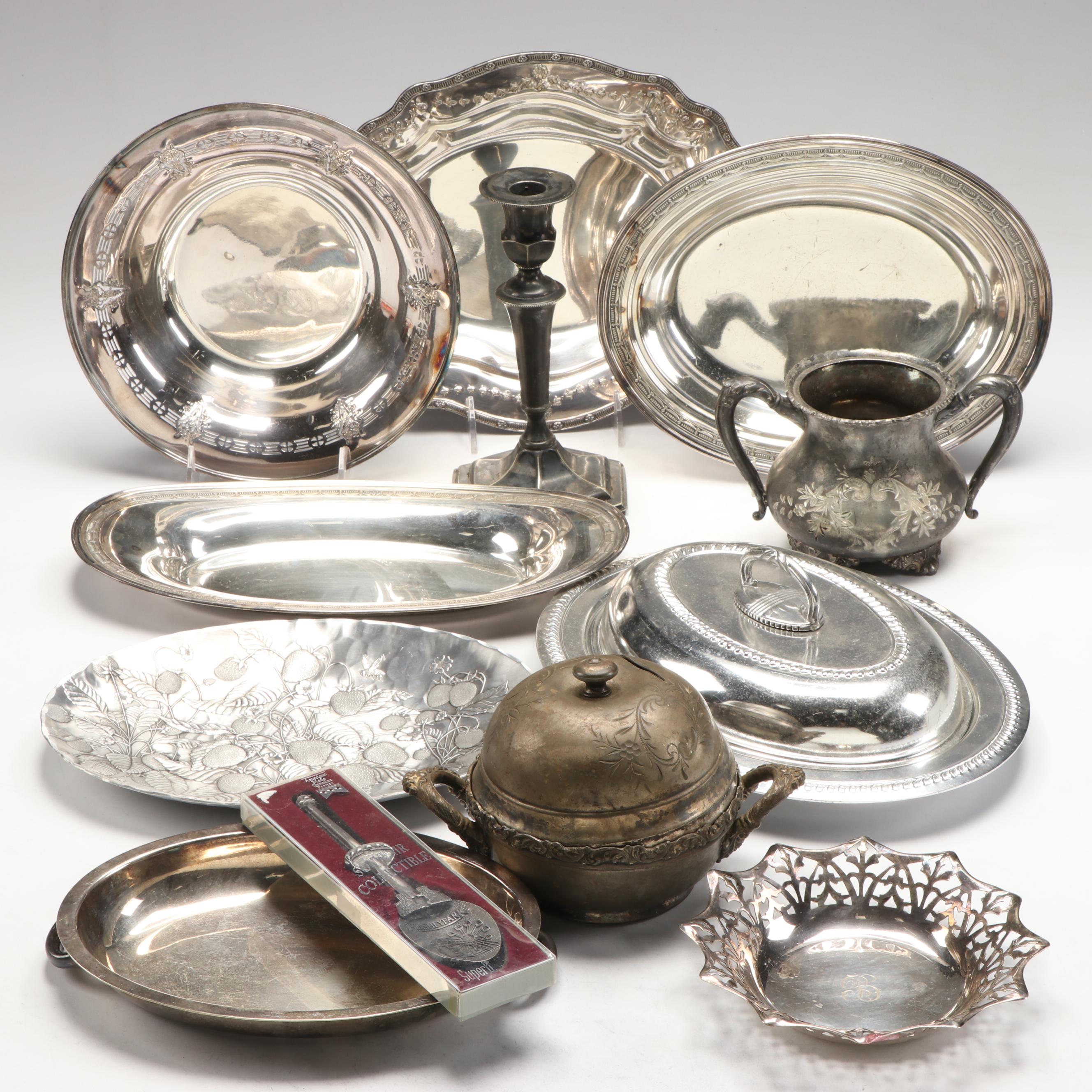 Wendell August Hammered Aluminum Tray with Silver Plate and Other Serveware