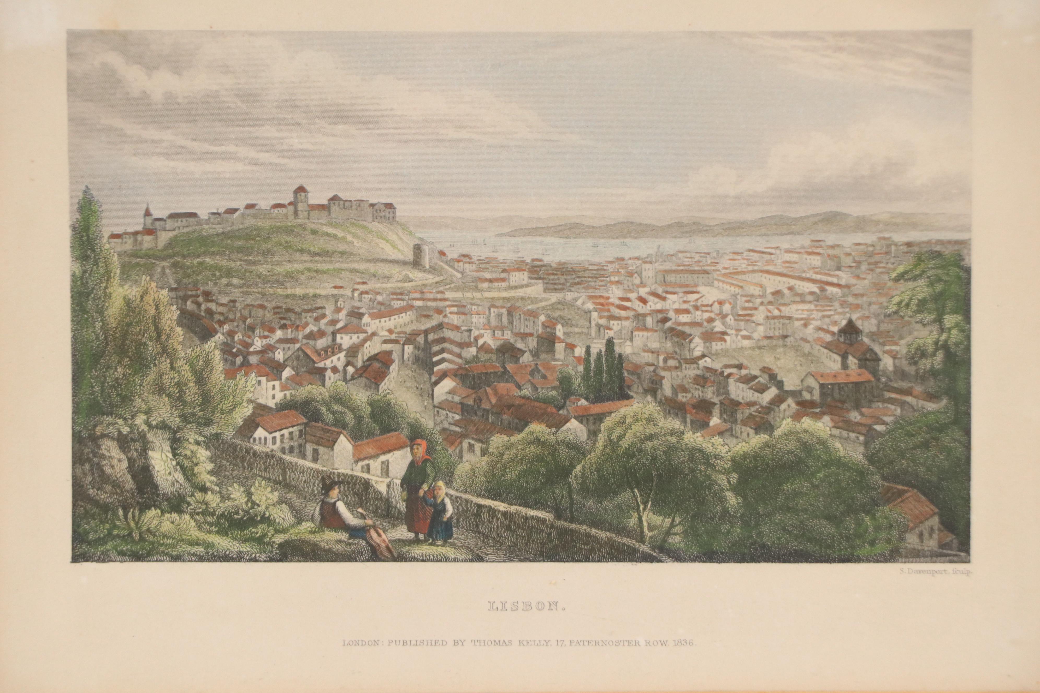 Samuel Davenport Bird's Eye City Landscape Hand-Colored Engraving "Lisbon," 1836