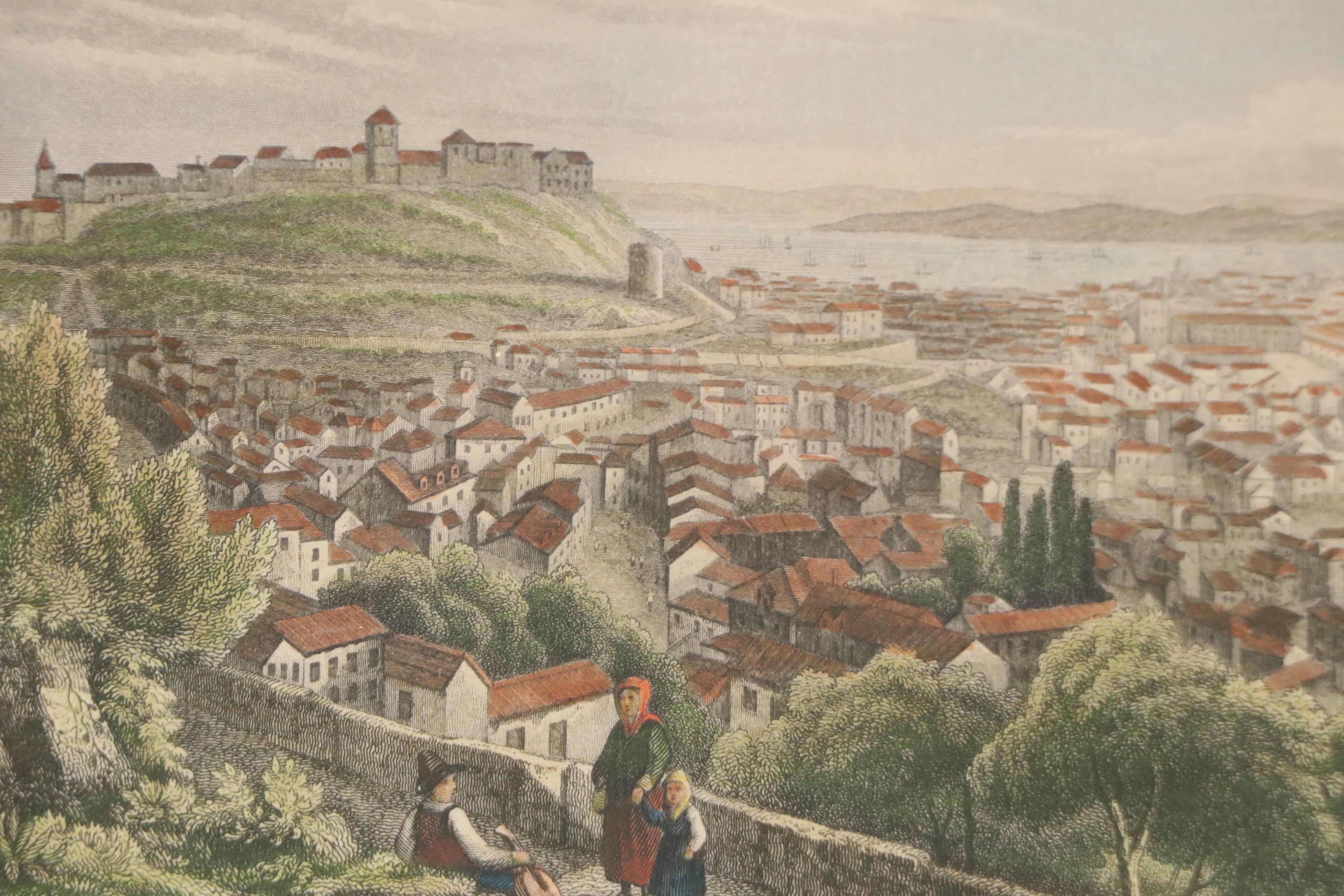 Samuel Davenport Bird's Eye City Landscape Hand-Colored Engraving "Lisbon," 1836