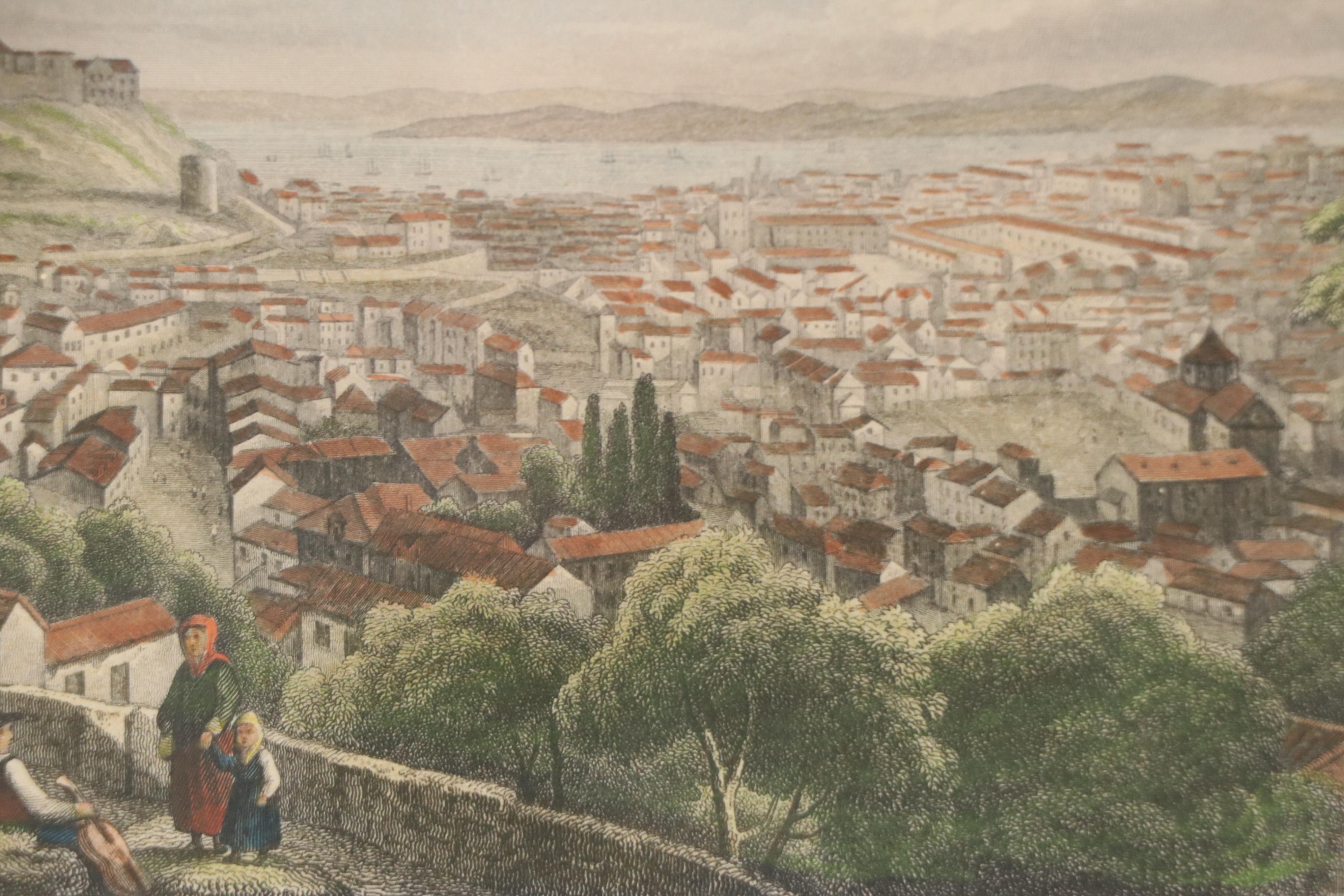 Samuel Davenport Bird's Eye City Landscape Hand-Colored Engraving "Lisbon," 1836