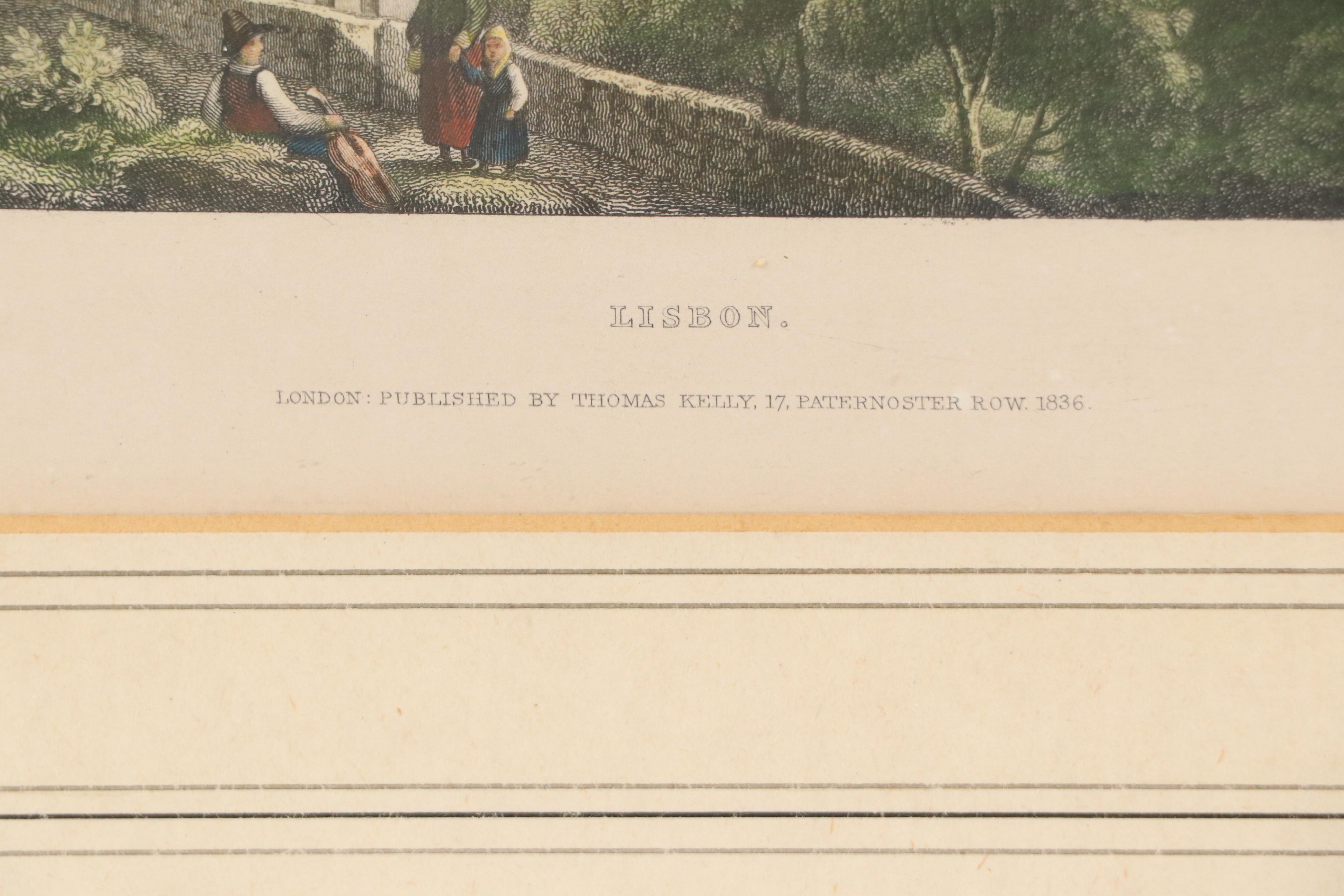 Samuel Davenport Bird's Eye City Landscape Hand-Colored Engraving "Lisbon," 1836