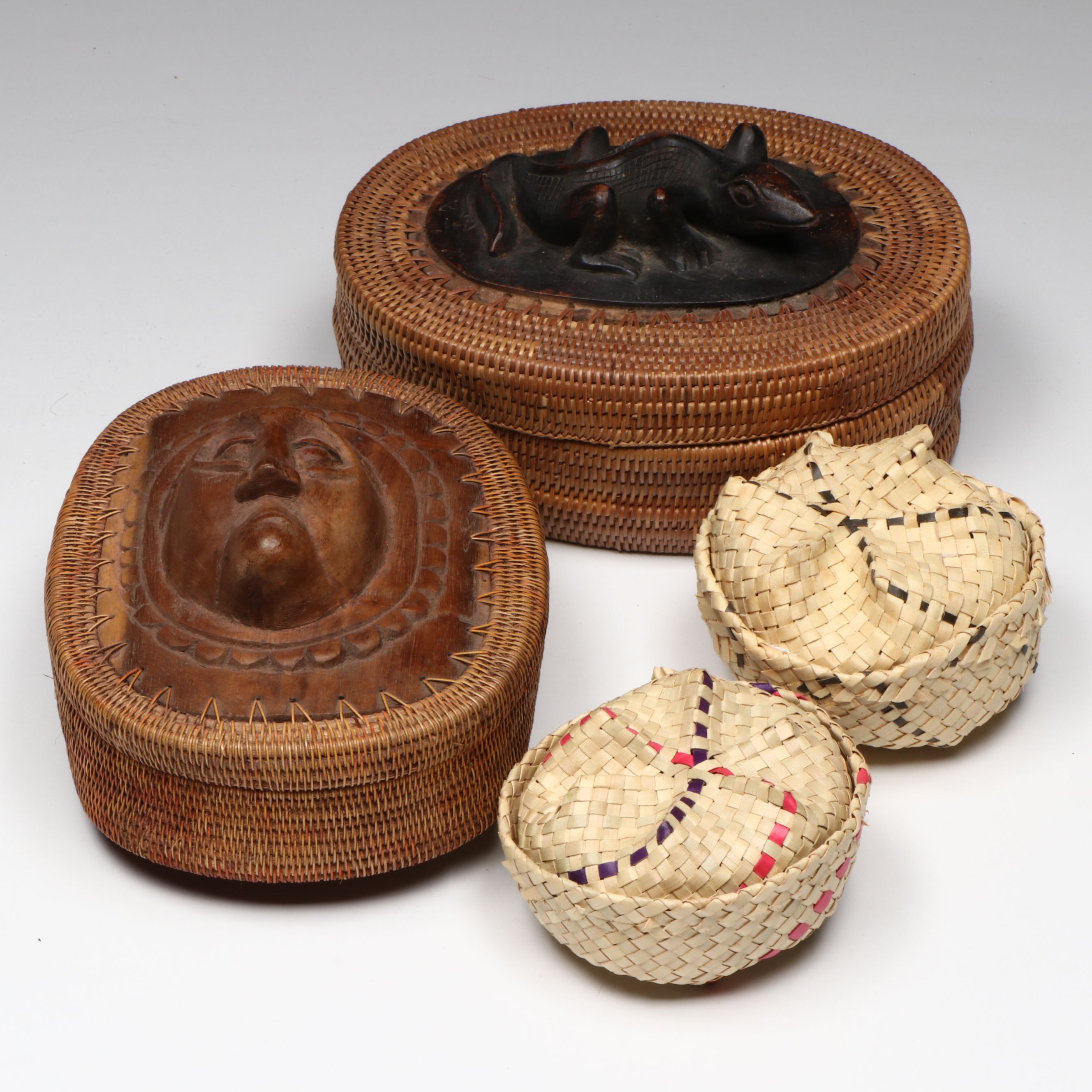 Balinese Hand-Carved Wood and Bamboo Fiber Lidded Vessels with Jewelry Boxes