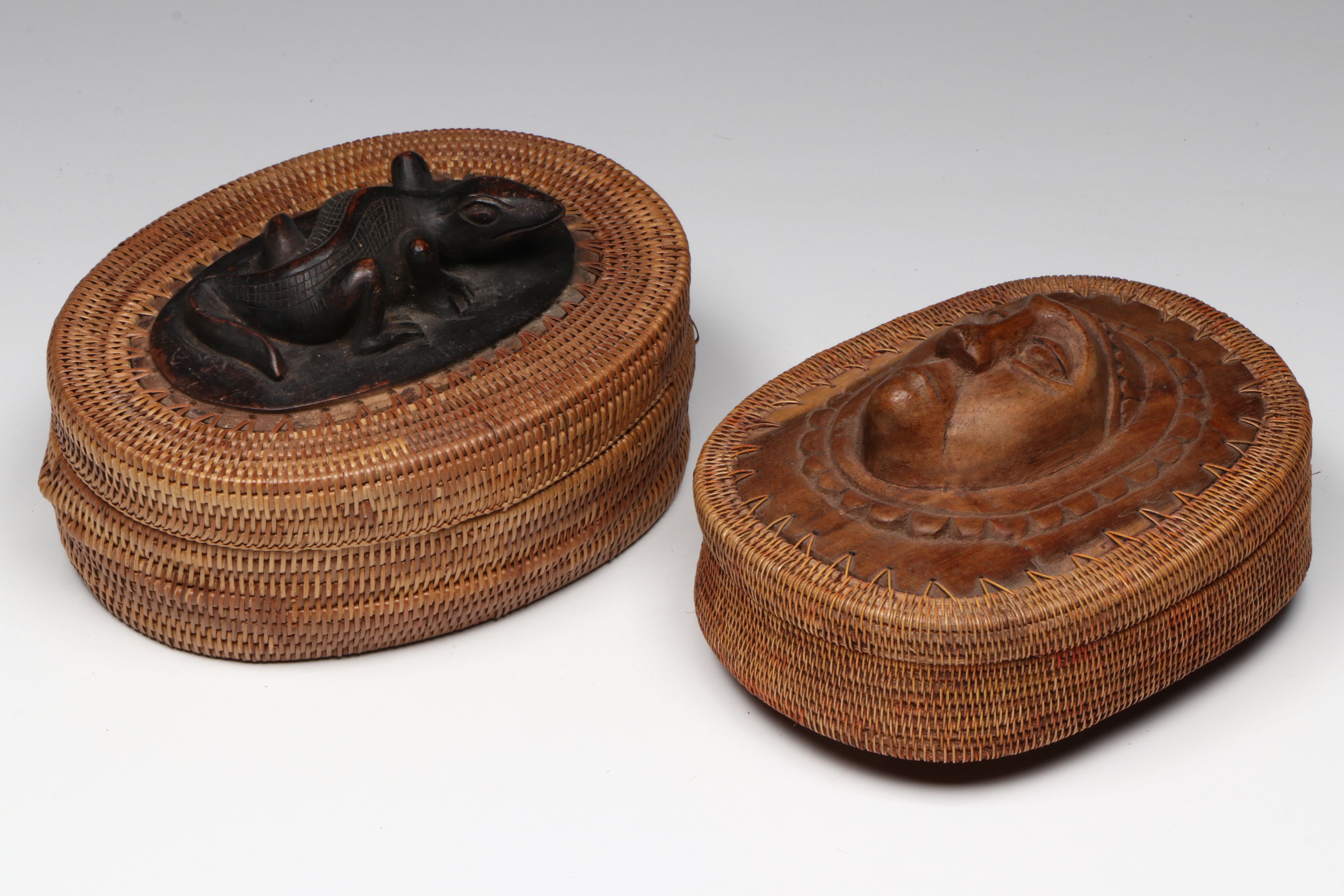 Balinese Hand-Carved Wood and Bamboo Fiber Lidded Vessels with Jewelry Boxes