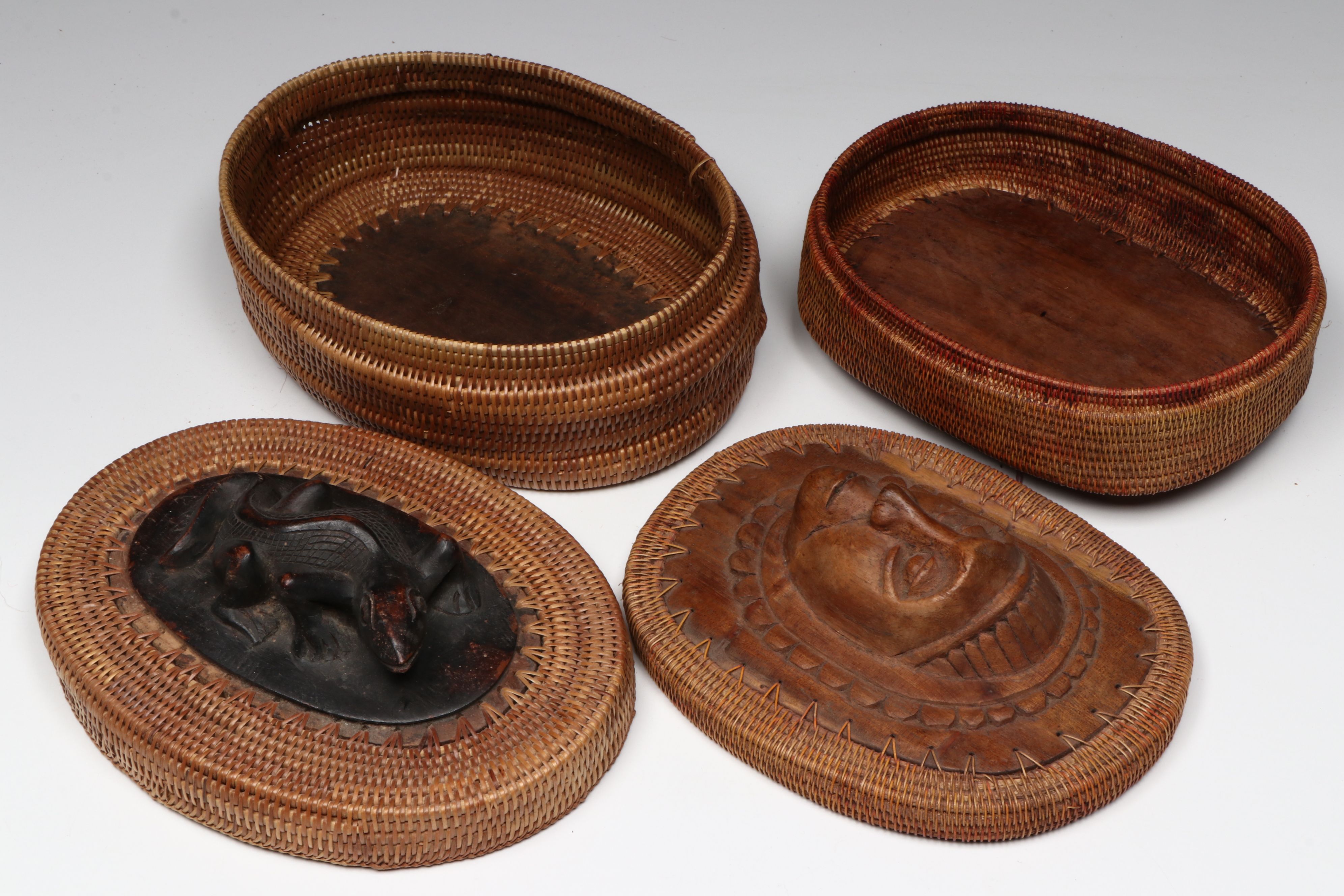 Balinese Hand-Carved Wood and Bamboo Fiber Lidded Vessels with Jewelry Boxes