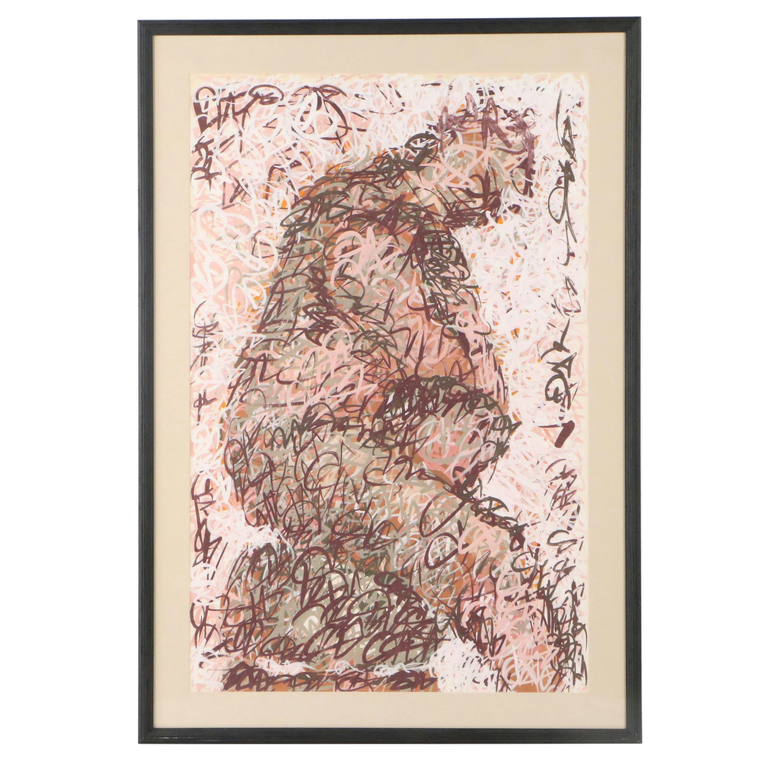 Walter Stomps Jr. Figural Gouache Painting with Layered Marks, 20th Century