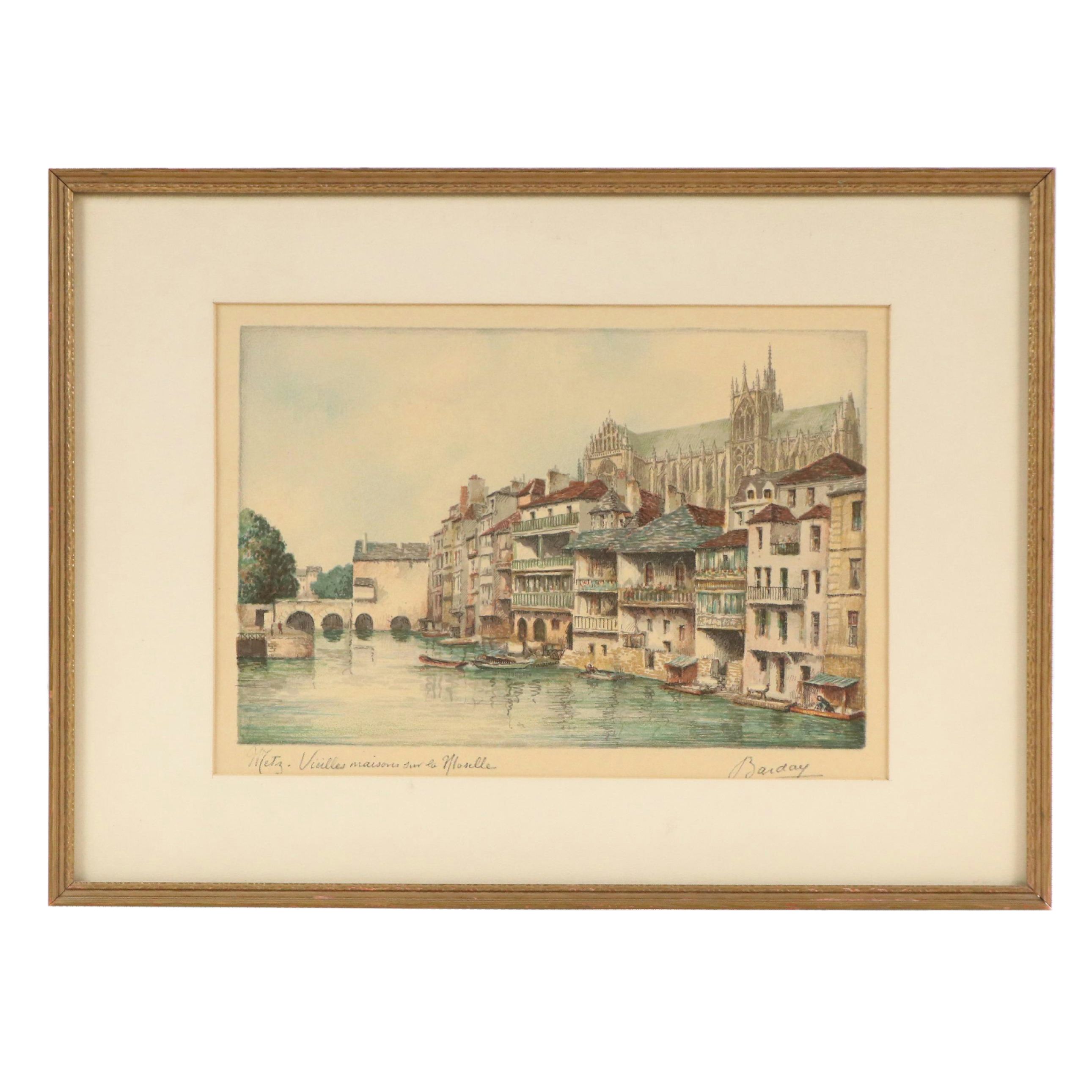Color Lithograph "Metz. Vieilles Maisons sur la Moselle," Mid-20th Century