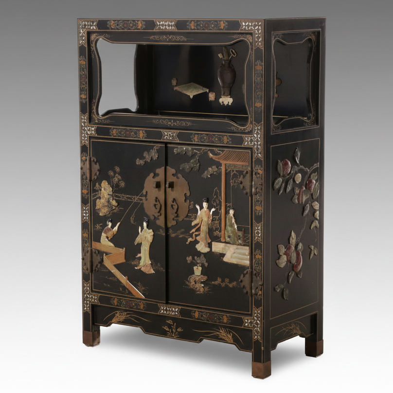 Chinese Black Lacquered Cabinet with Stone Inlay