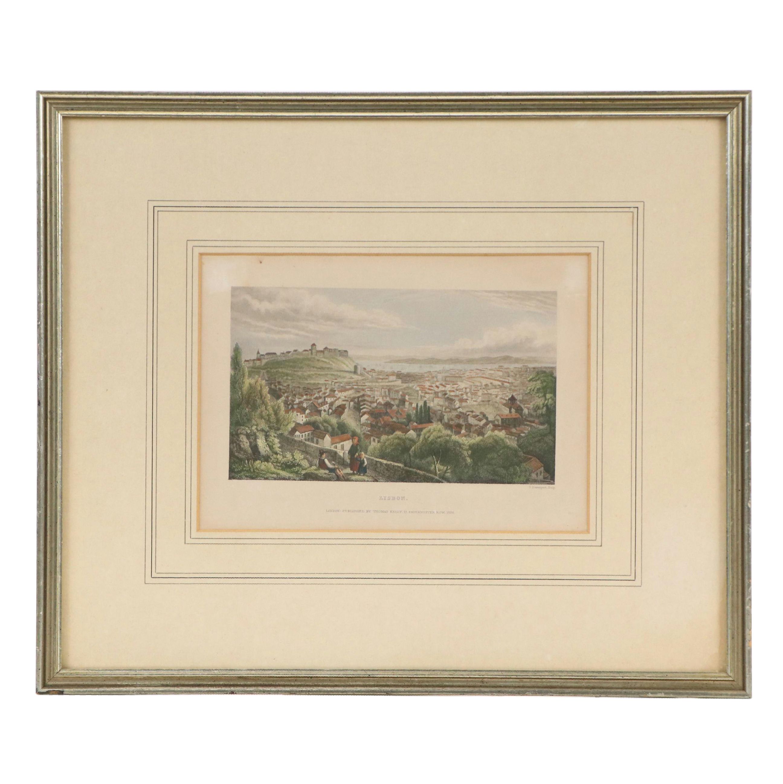 Samuel Davenport Bird's Eye City Landscape Hand-Colored Engraving "Lisbon," 1836