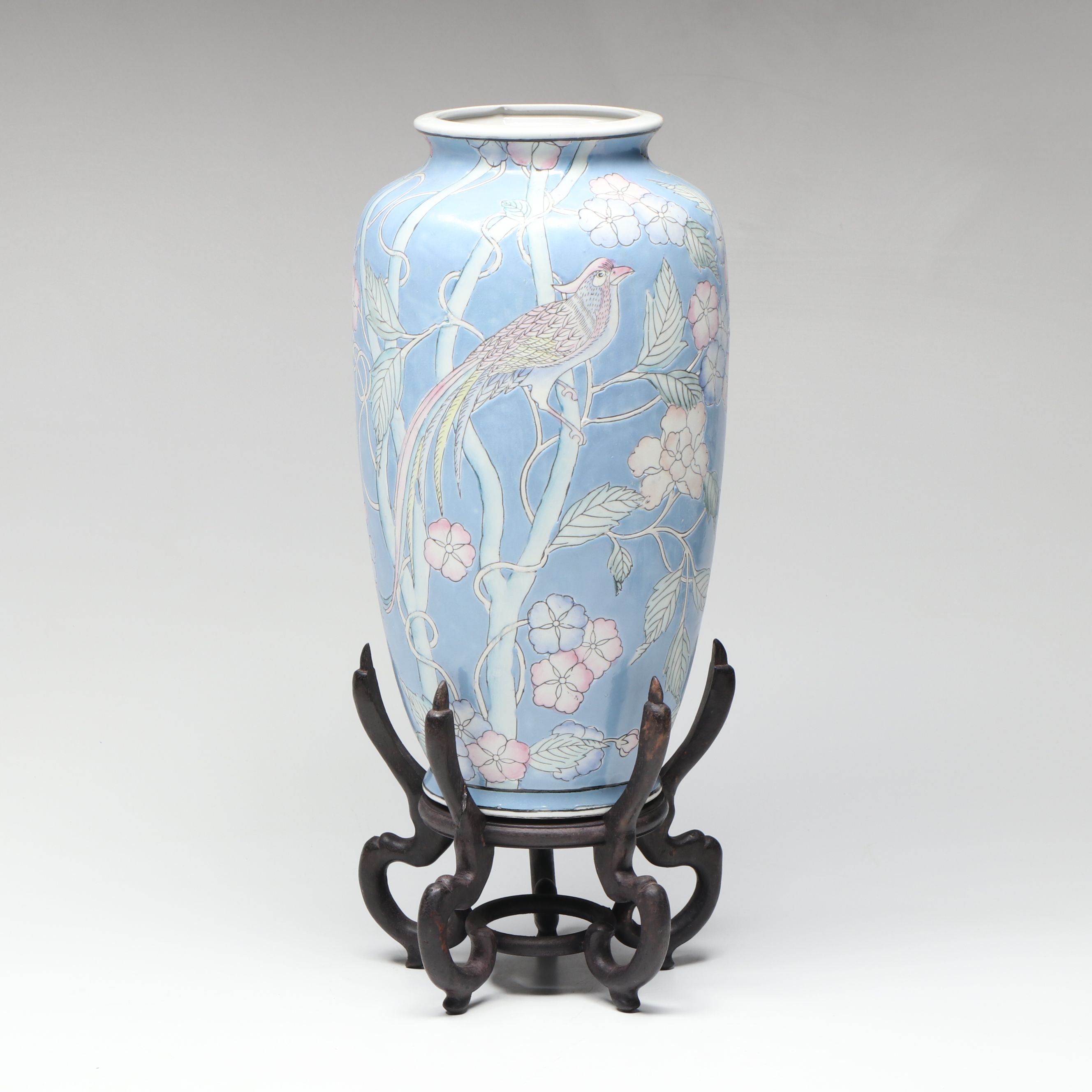 Chinese Blue Porcelain Bird and Flower Vase on Wooden Stand