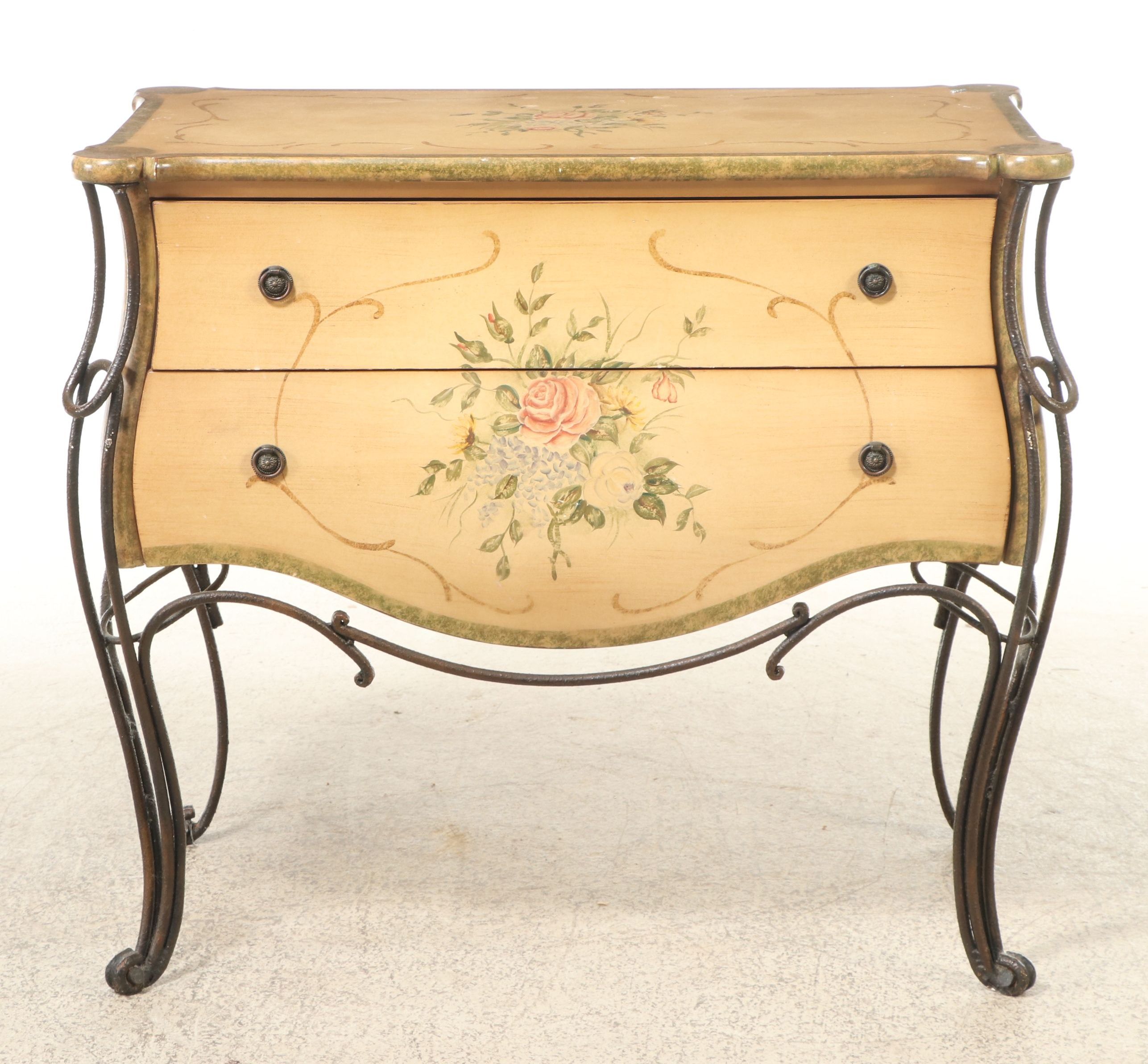 French Provincial Style Painted Wood and Scrolled Metal Chest of Drawers