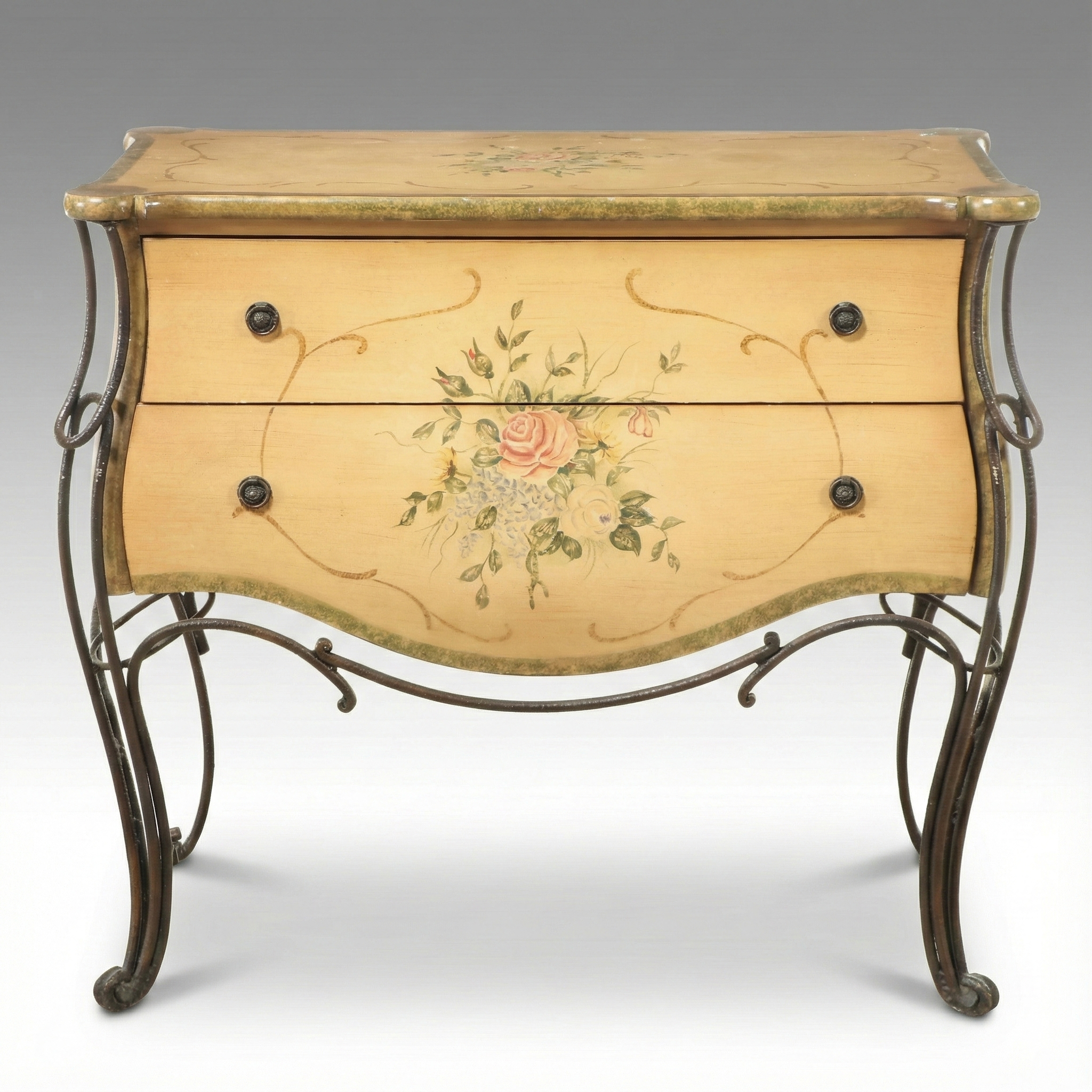 French Provincial Style Painted Wood and Scrolled Metal Chest of Drawers