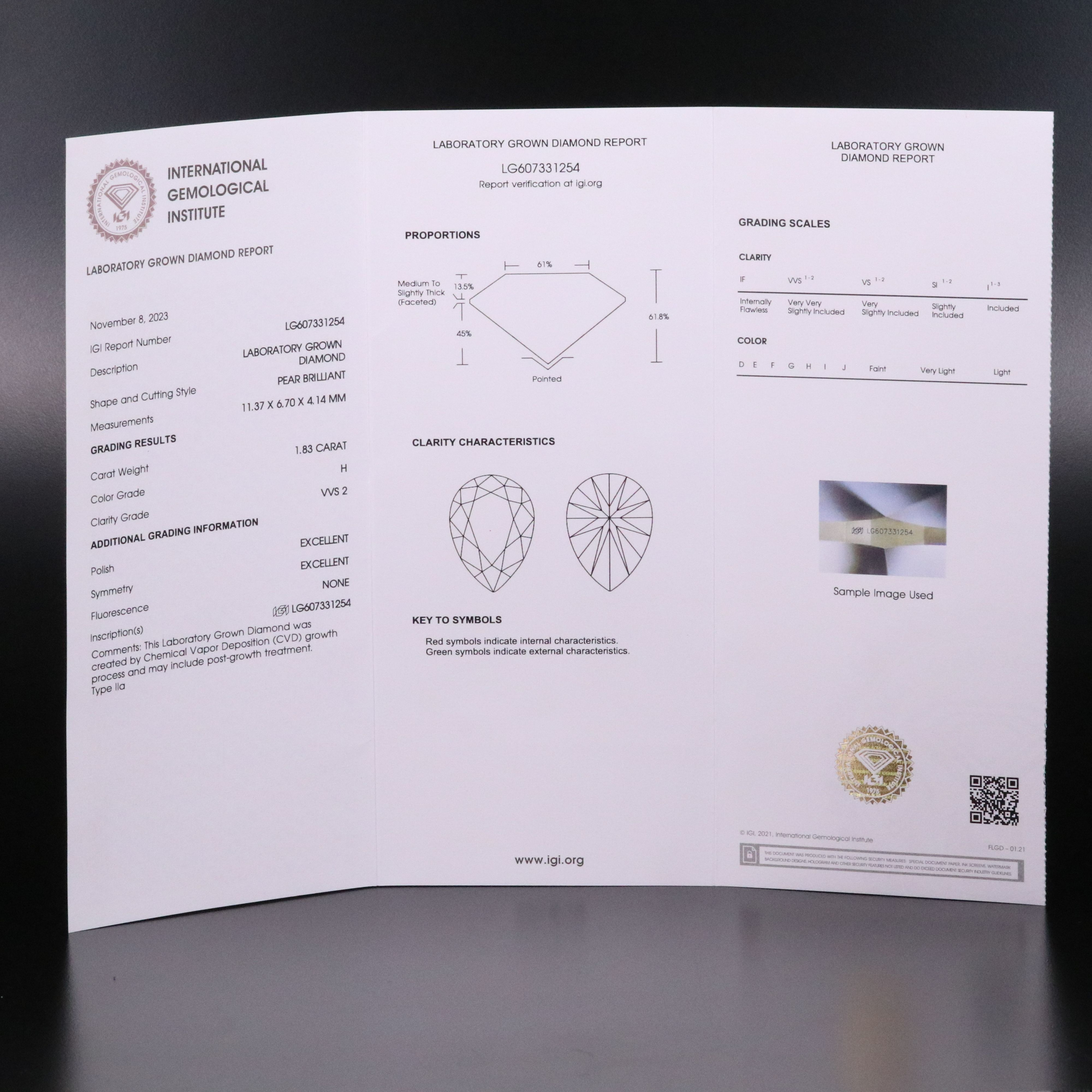 Loose 1.83 CT Lab Grown Diamond with IGI Report