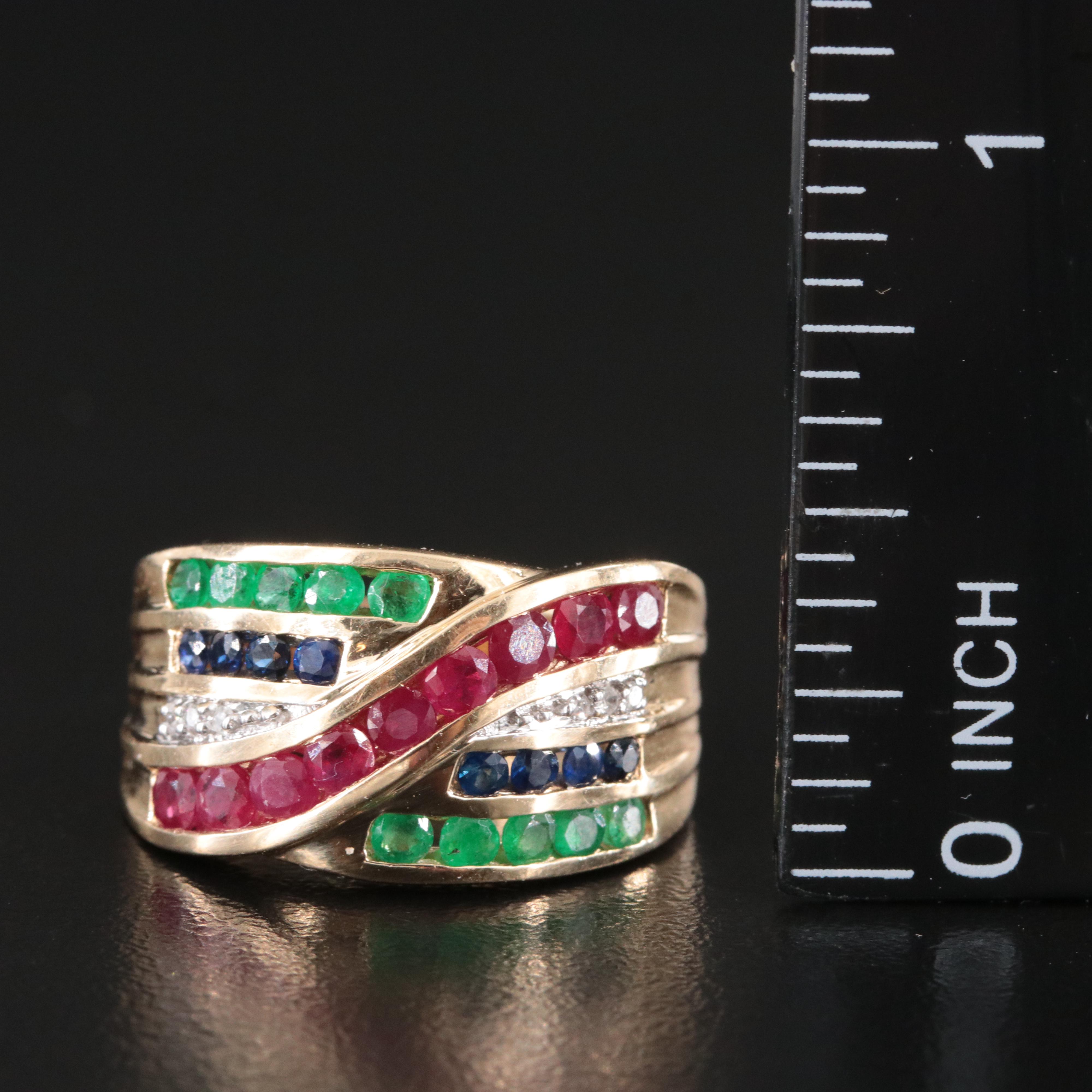 14K Ruby, Emerald, Sapphire and Diamond Crossover Ring
