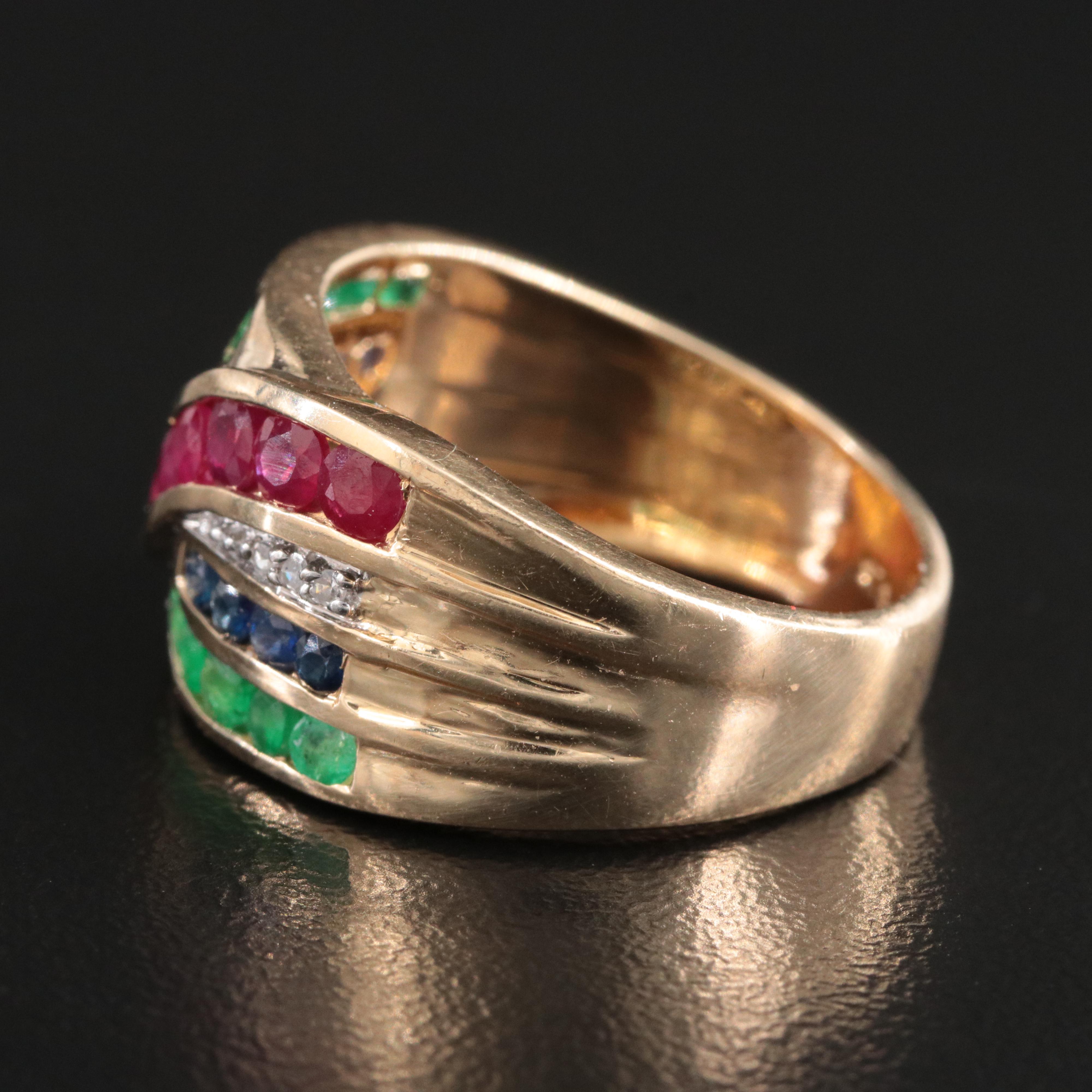 14K Ruby, Emerald, Sapphire and Diamond Crossover Ring