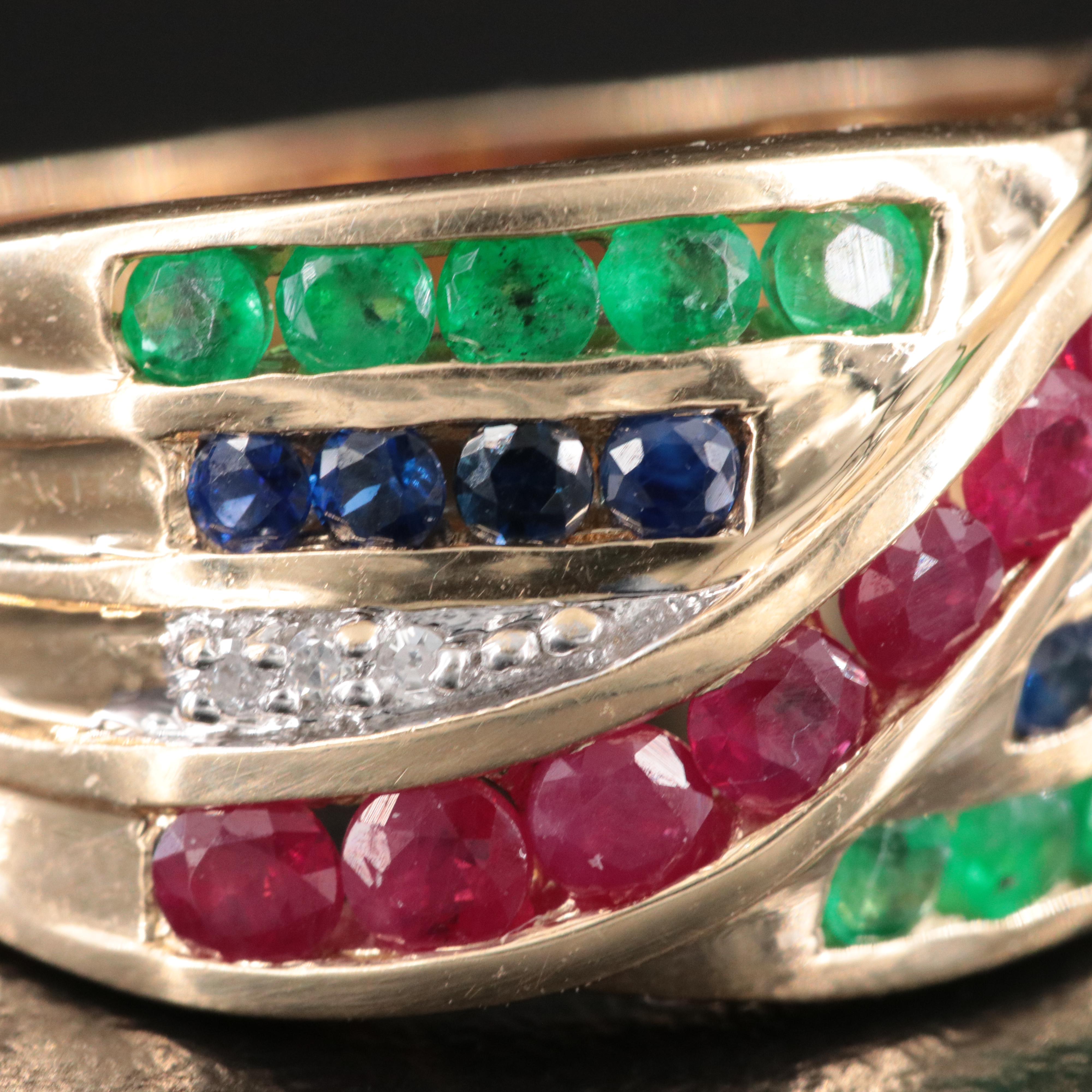 14K Ruby, Emerald, Sapphire and Diamond Crossover Ring