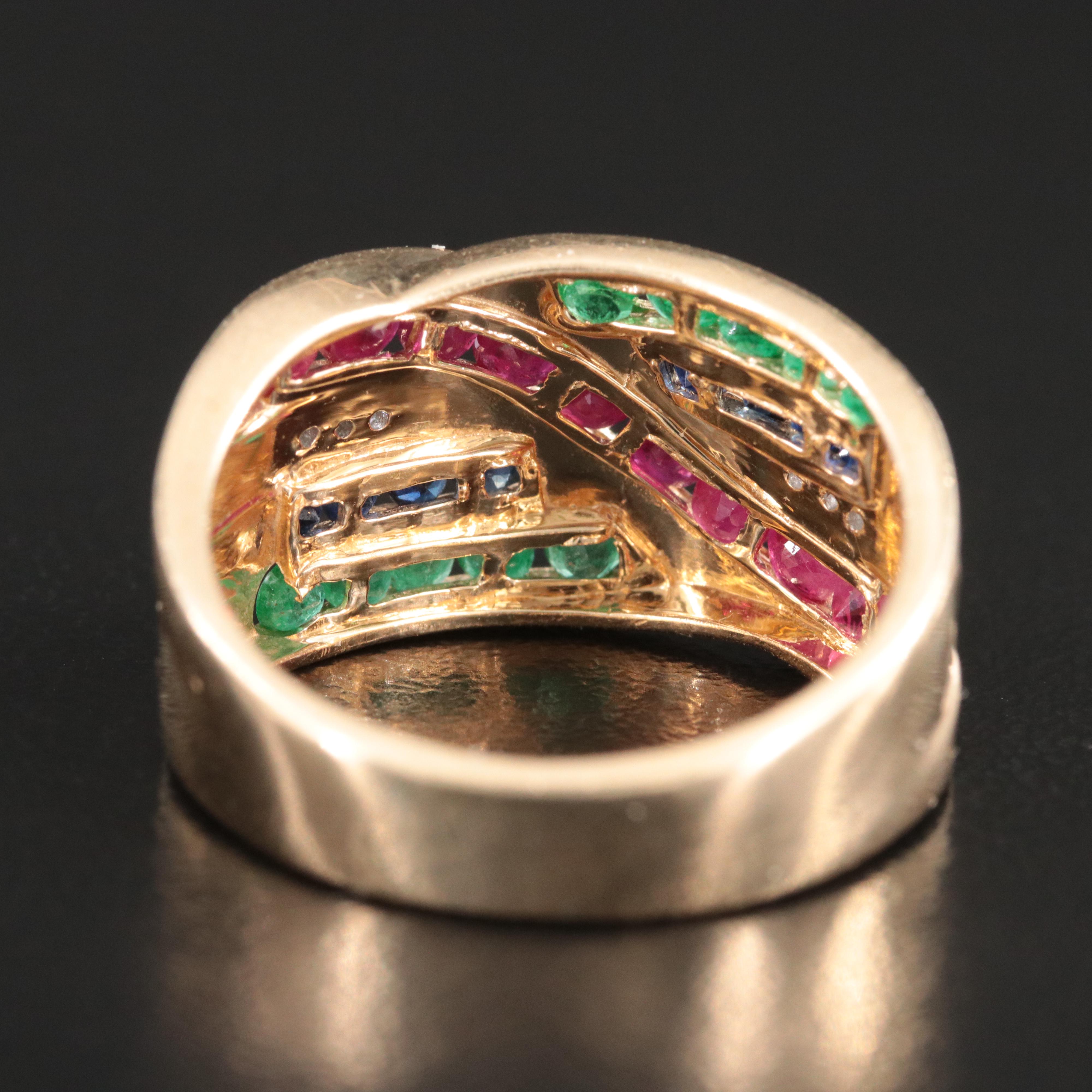 14K Ruby, Emerald, Sapphire and Diamond Crossover Ring