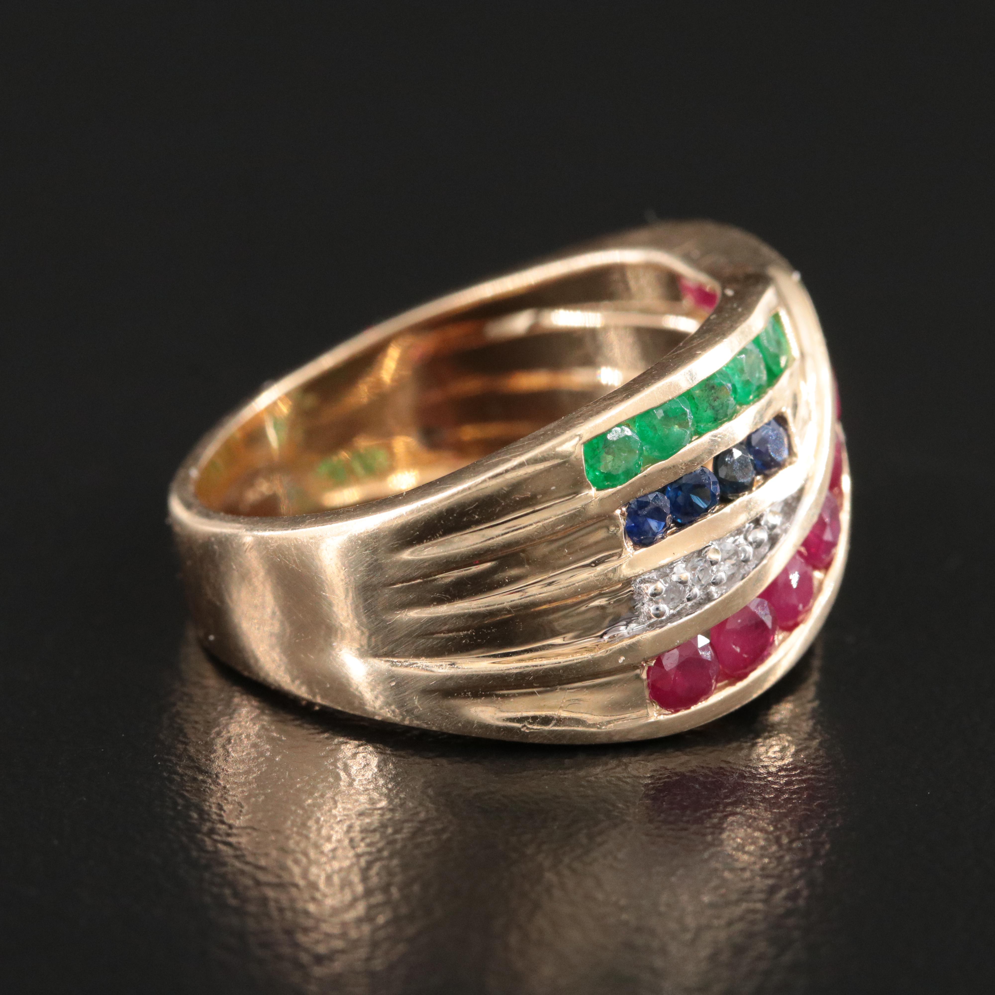 14K Ruby, Emerald, Sapphire and Diamond Crossover Ring