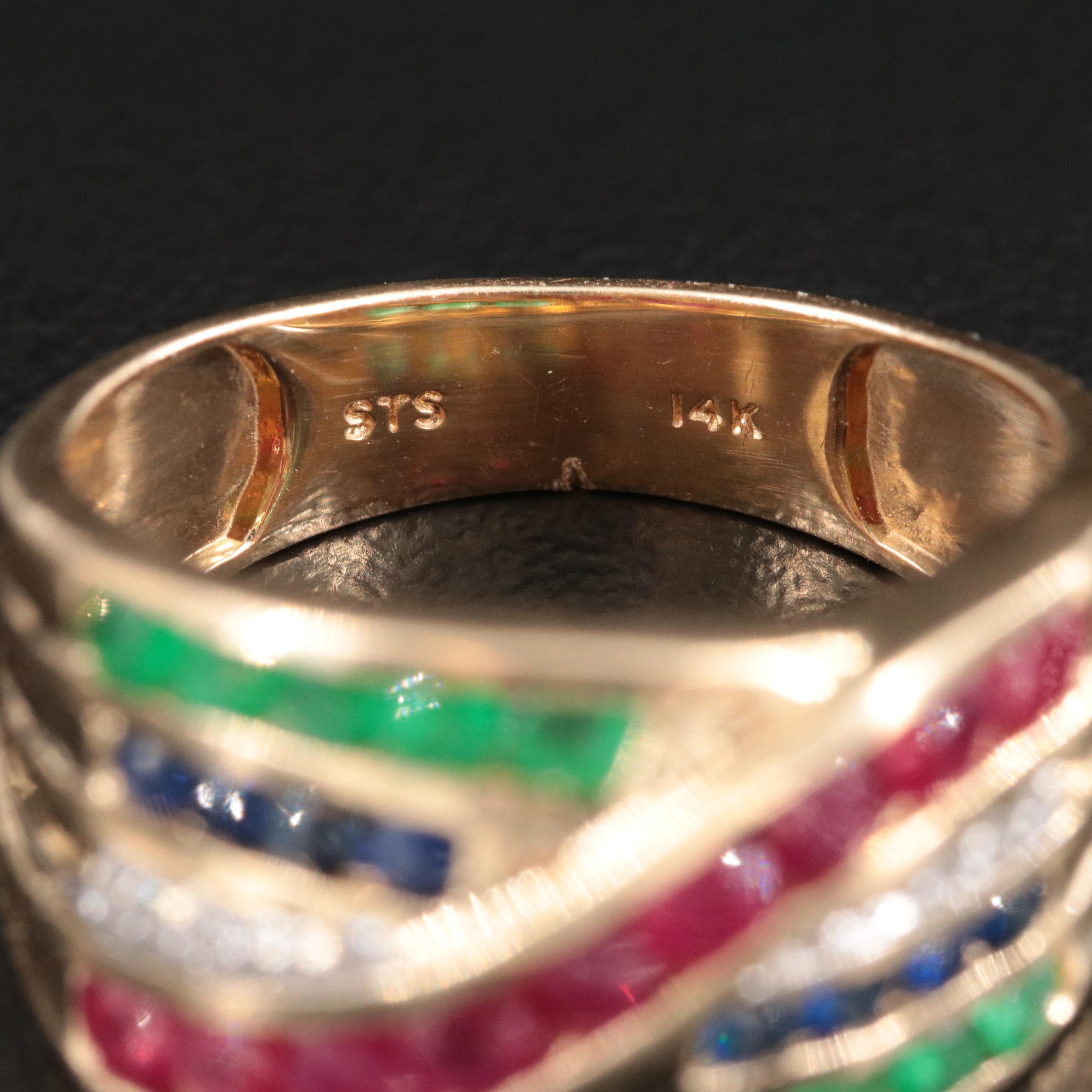 14K Ruby, Emerald, Sapphire and Diamond Crossover Ring