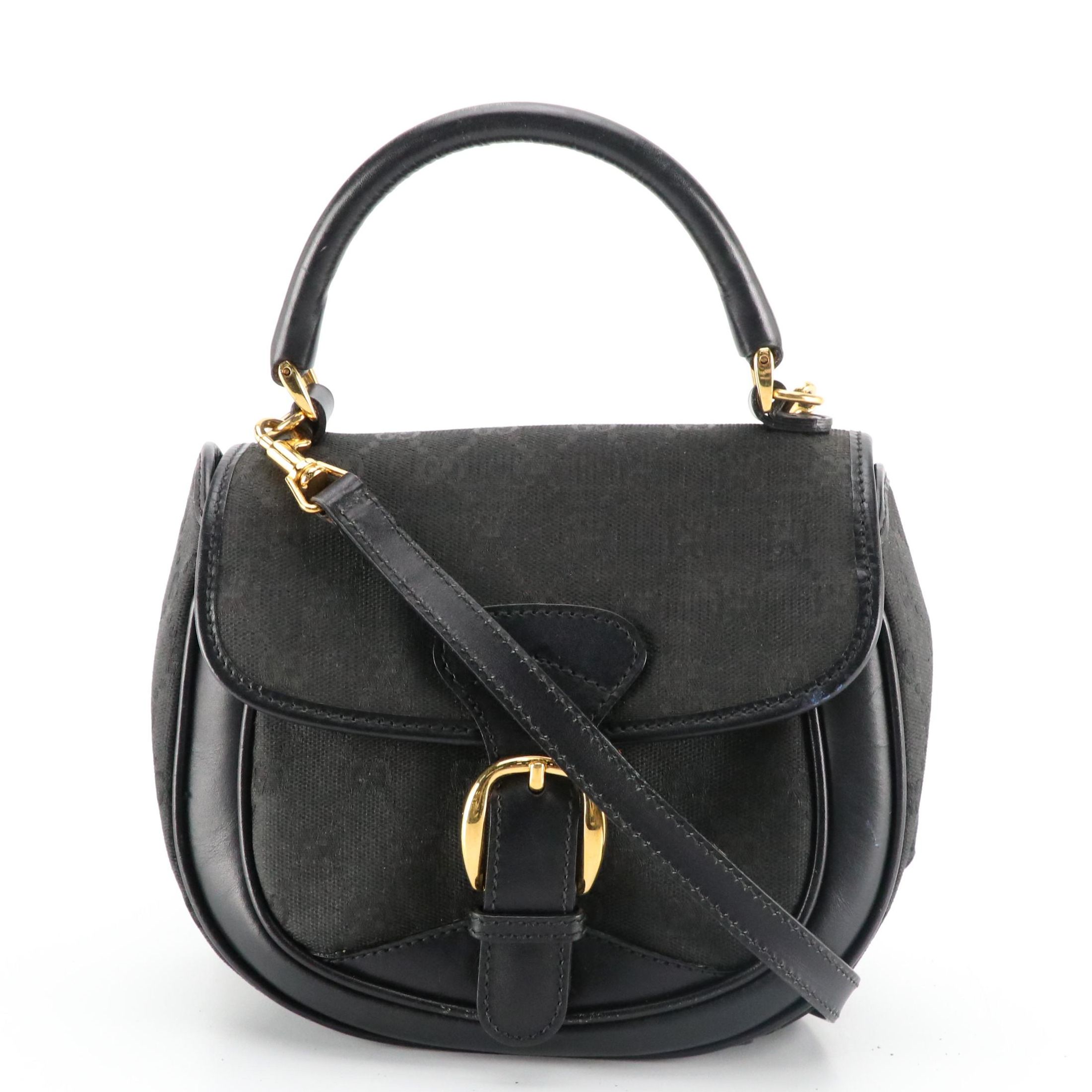 Gucci Two-Way Bag in Black GG Canvas and Calfskin Leather