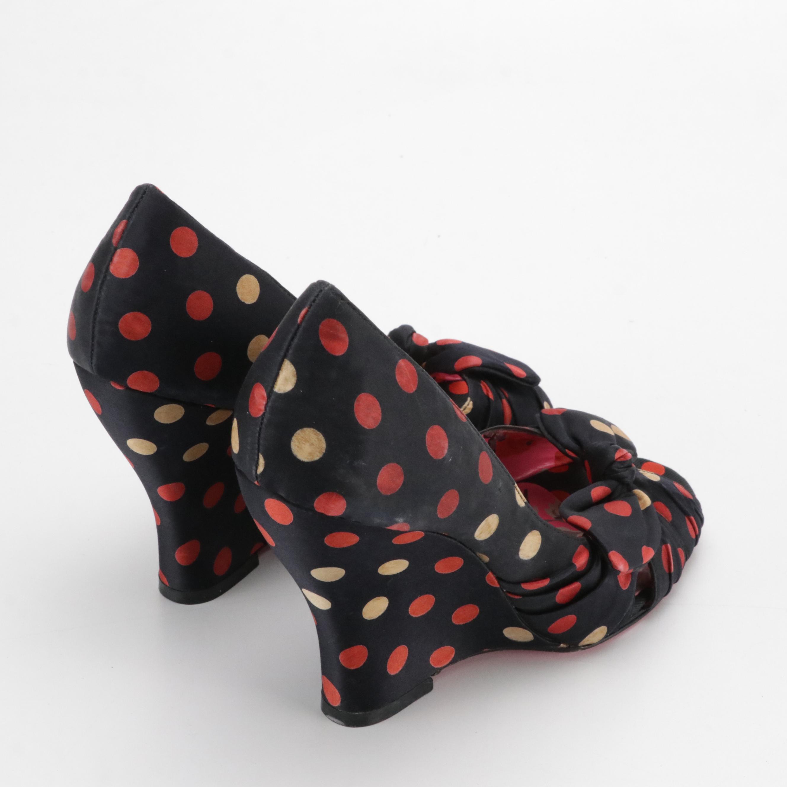 Betsey Johnson "Lydia" Polka-Dot Satin Peep-Toe Wedges
