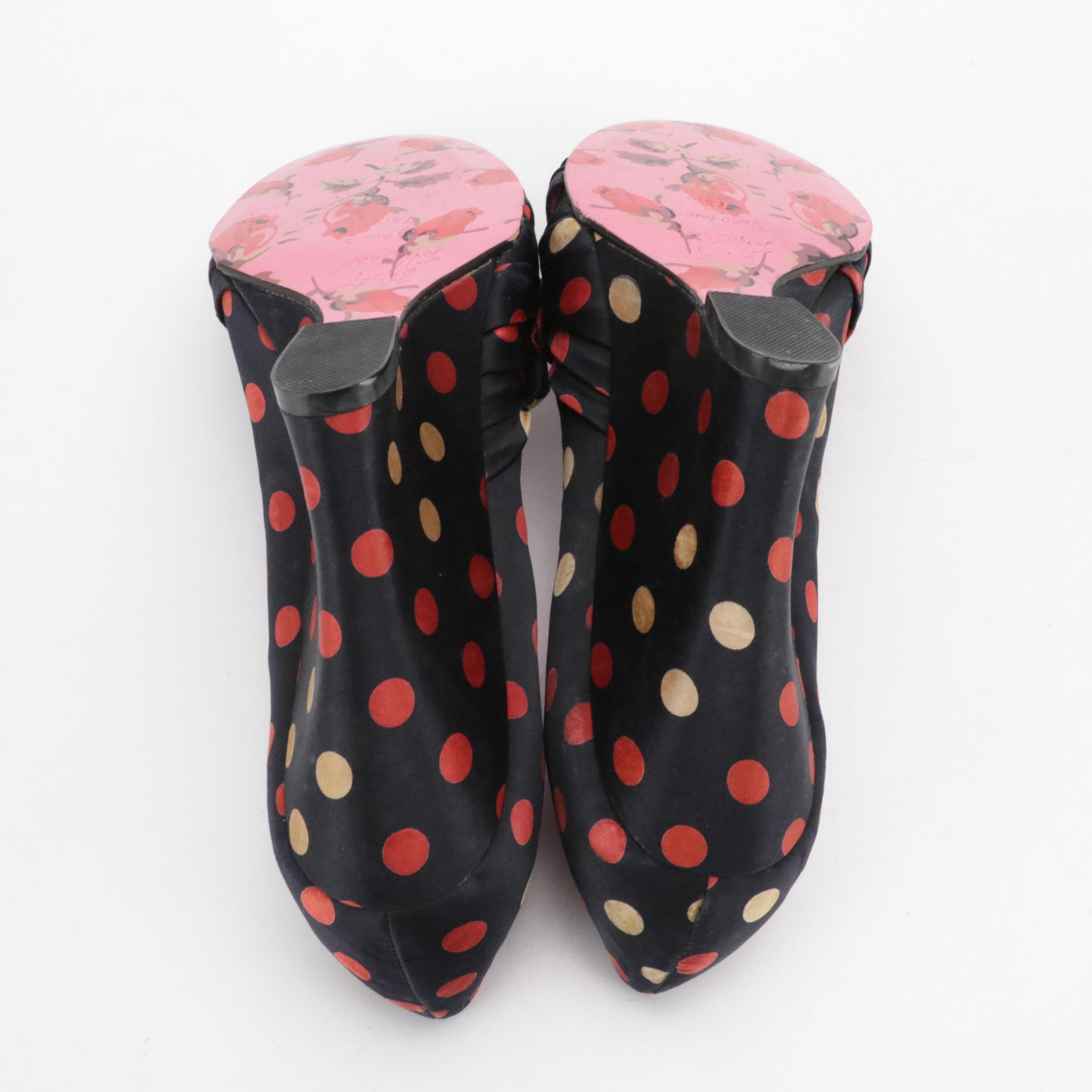 Betsey Johnson "Lydia" Polka-Dot Satin Peep-Toe Wedges